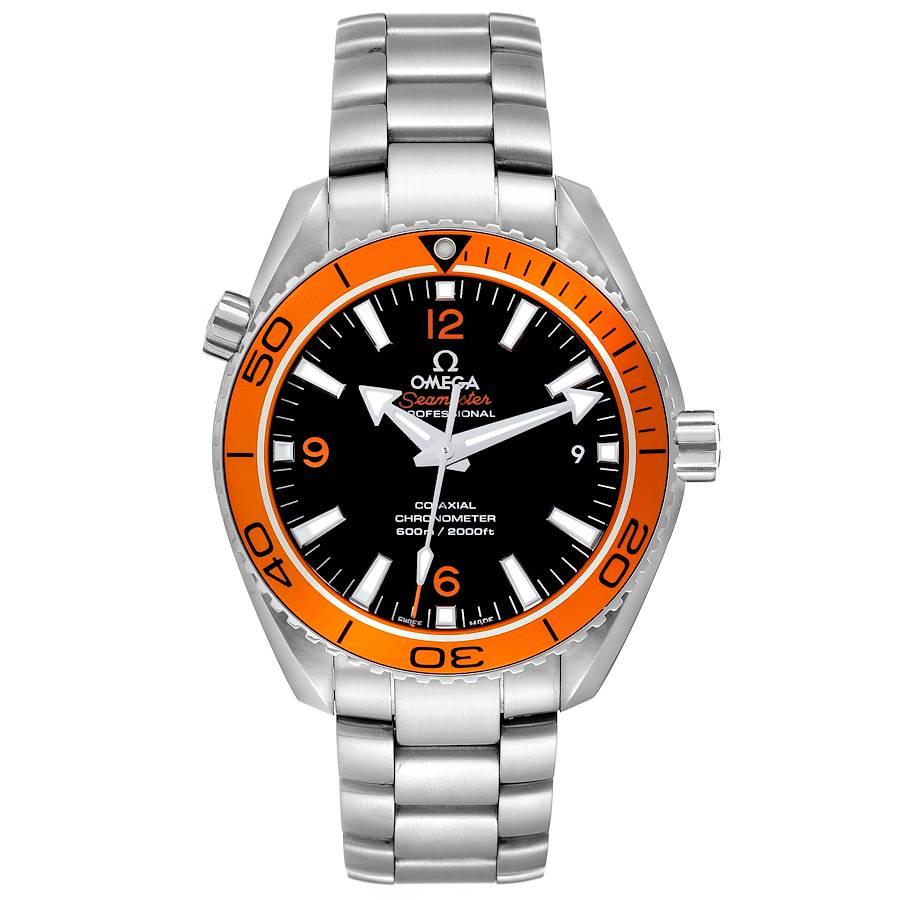 Omega Seamaster Planet Ocean Orange Bezel Watch 232.30.42.21.01.002 Box Card. Automatic self-winding chronometer movement with Co-Axial Escapement for greater precision, stability and durability. Free sprung-balance, 2 barrels mounted in series,