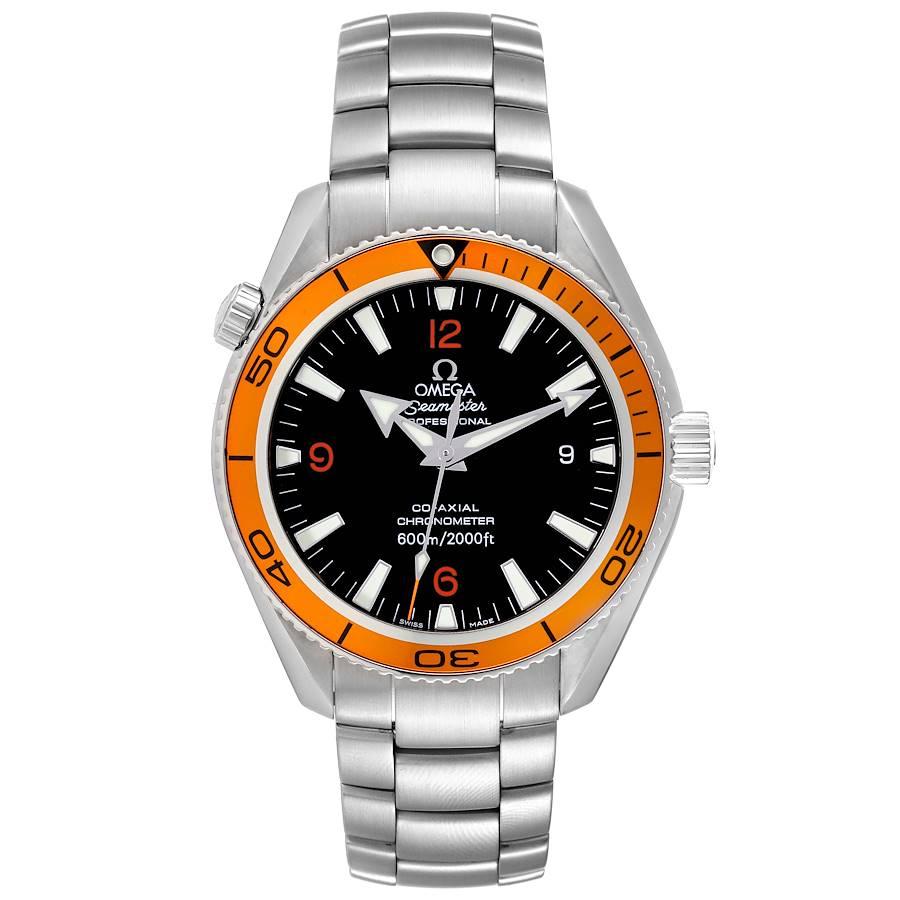 Omega Seamaster Planet Ocean Orange Bezel Watch 232.30.42.21.01.002. Automatic self-winding chronometer movement with Co-Axial Escapement for greater precision, stability and durability. Free sprung-balance, 2 barrels mounted in series, automatic