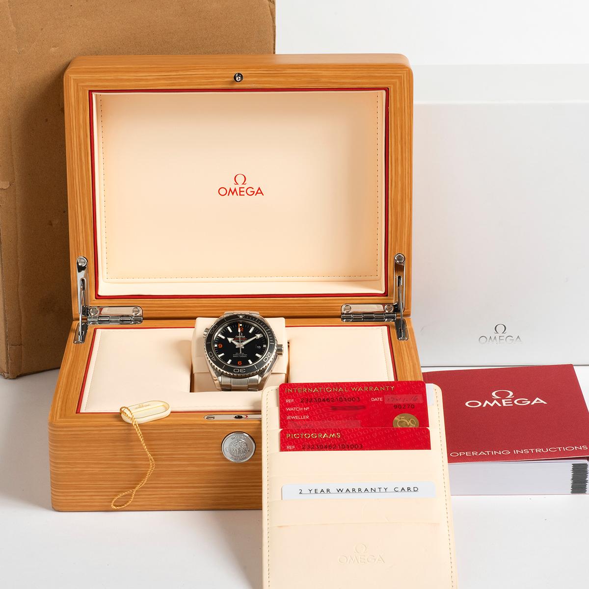 Our Omega Seamaster Planet Ocean features a 45.5mm stainless steel case with black dial and orange indices, and stainless steel bracelet. Presented in outstanding condition, with only light signs of use, included is its inner and outer box,