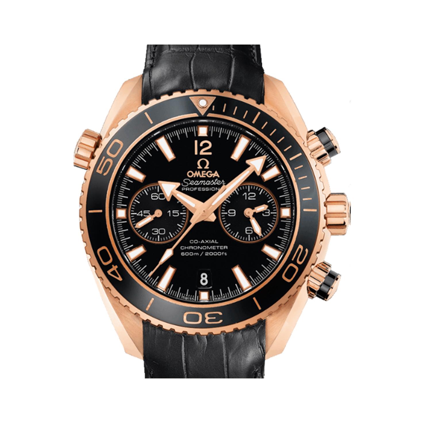 This brand new Omega Seamaster 232.63.46.51.01.001 is a beautiful men's timepiece that is powered by mechanical (automatic) movement which is cased in a rose gold case. It has a round shape face, chronograph, date indicator, small seconds subdial