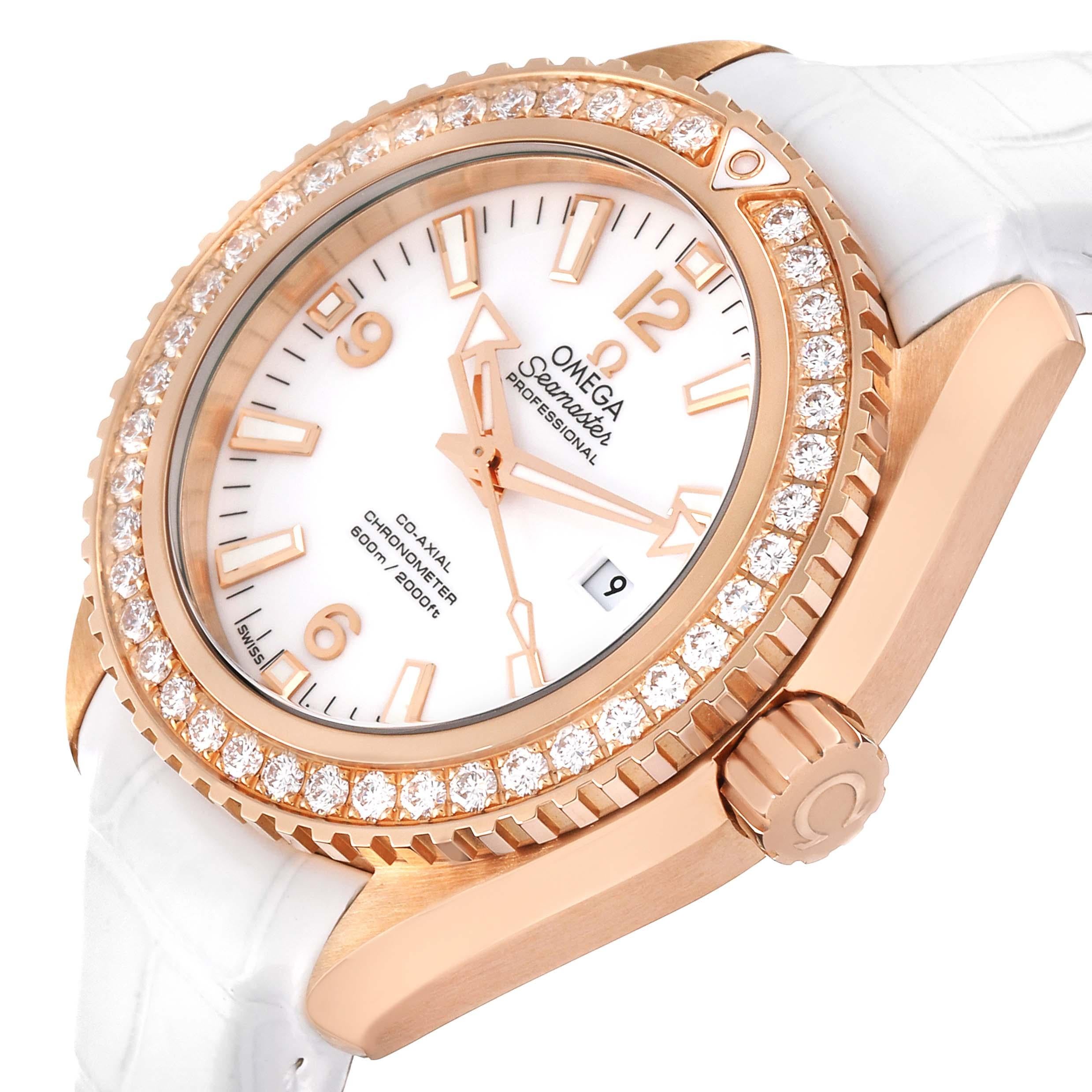 Omega Seamaster Planet Ocean Rose Gold Diamond Ladies Watch 232.58.38.20.04.001 Unworn. Self-winding movement with Co-Axial escapement. Free sprung-balance system with silicon balance-spring. Automatic winding in both directions. Oscillating mass