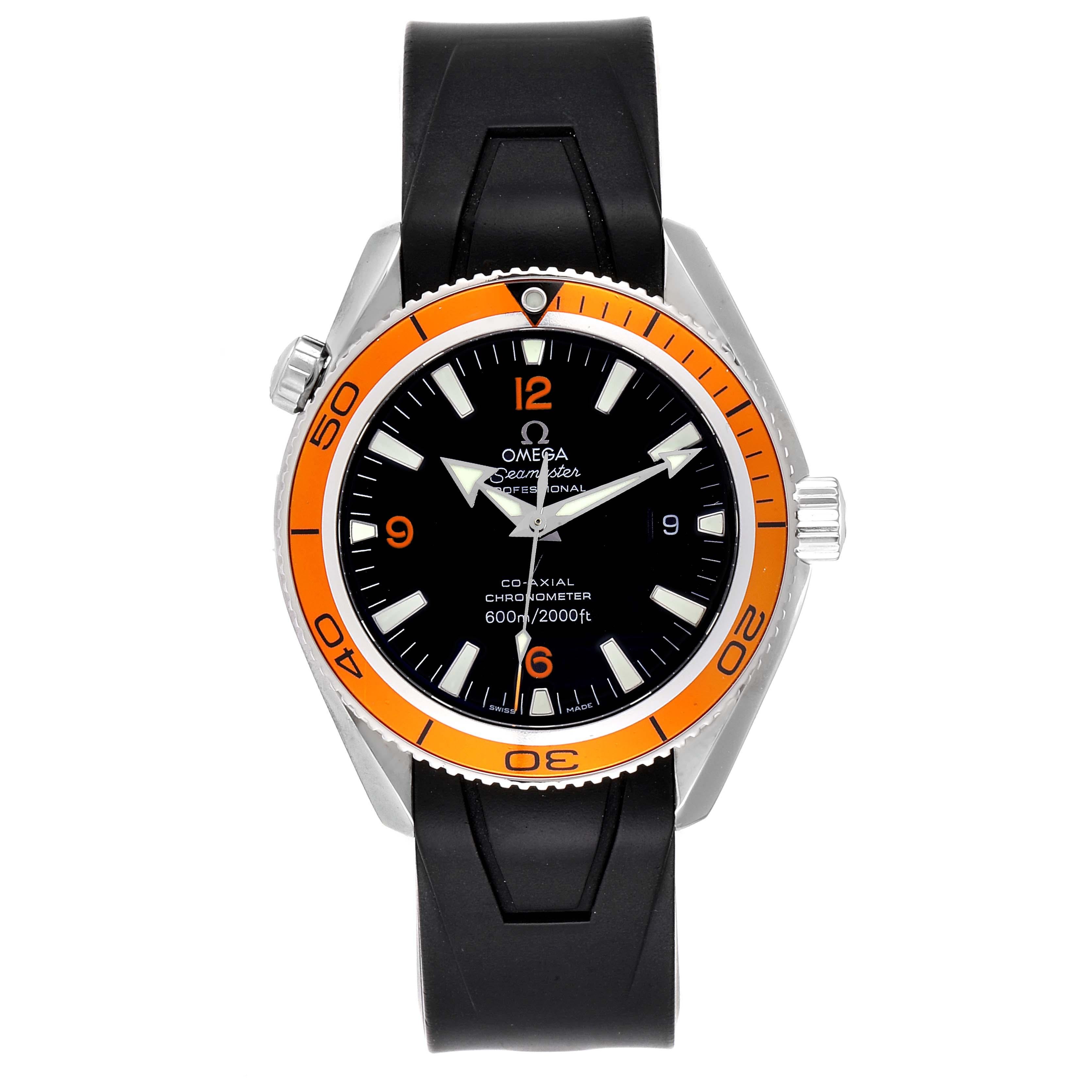 Omega Seamaster Planet Ocean Rubber Strap Mens Watch 2909.50.91 Box Card. Automatic self-winding chronograph movement. Stainless steel round case 42.0 mm in diameter. Orange uni-directional rotating bezel. Scratch resistant sapphire crystal. Black