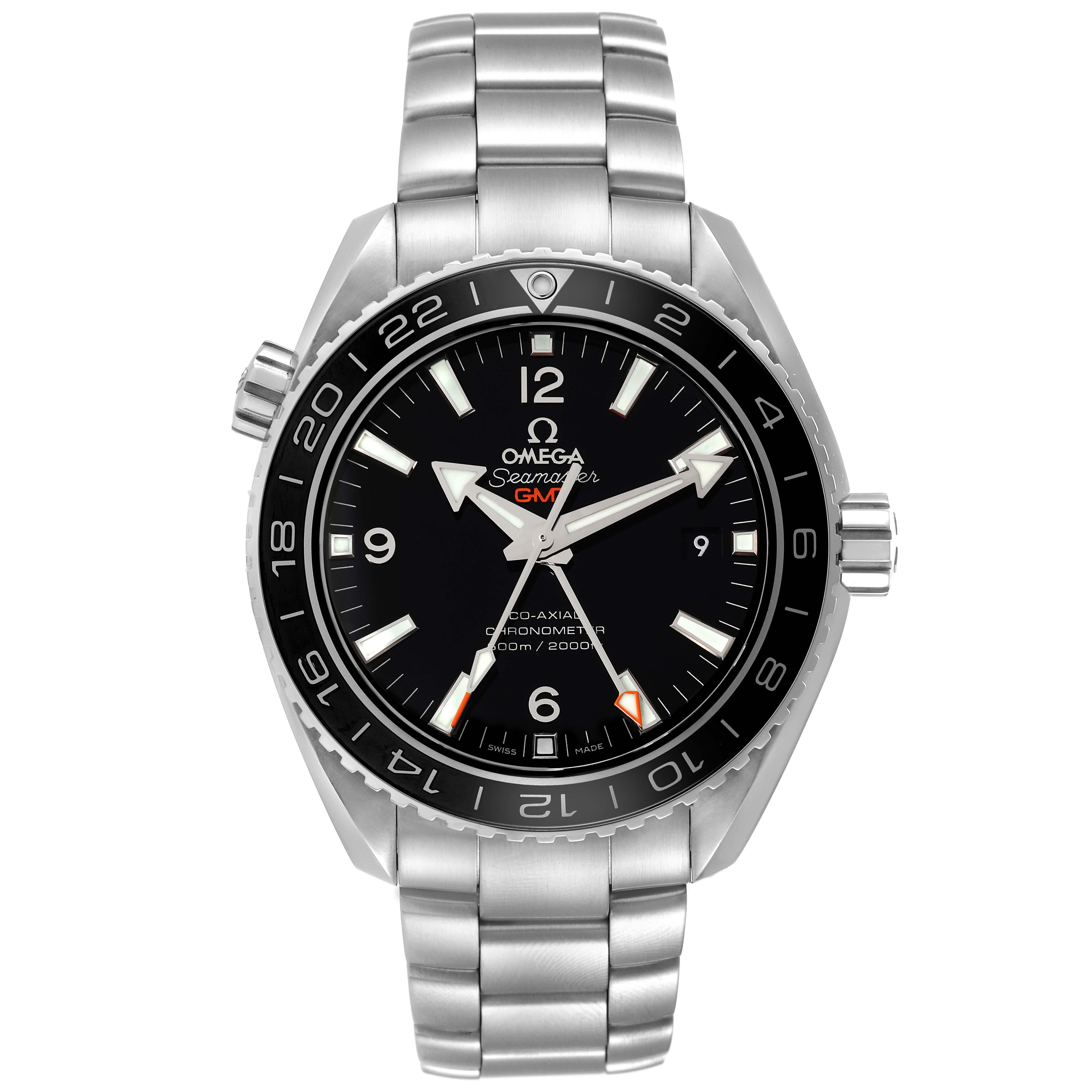 Omega Seamaster Planet Ocean Steel Mens Watch 232.30.44.22.01.001 Box Card. Automatic self-winding chronometer movement with Co-Axial Escapement for greater precision, stability and durability. GMT with time zone function. Silicon balance-spring on