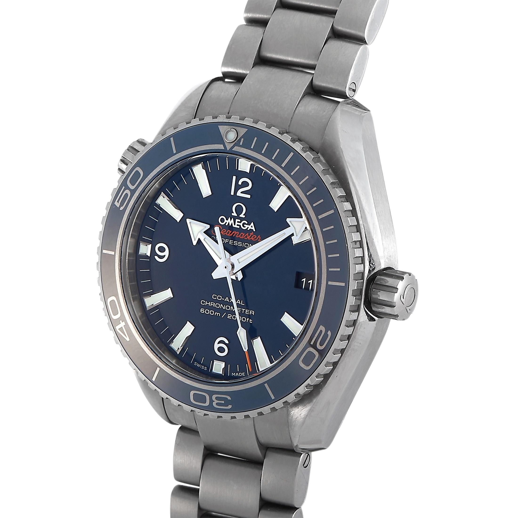A titanium on titanium timepiece embodying OMEGA's dive watch heritage. The Seamaster  232.90.42.21.03.001 was part of the Planet Ocean line launched in 2005. This stylish watch has a blue dial and matching blue unidirectional rotating bezel in