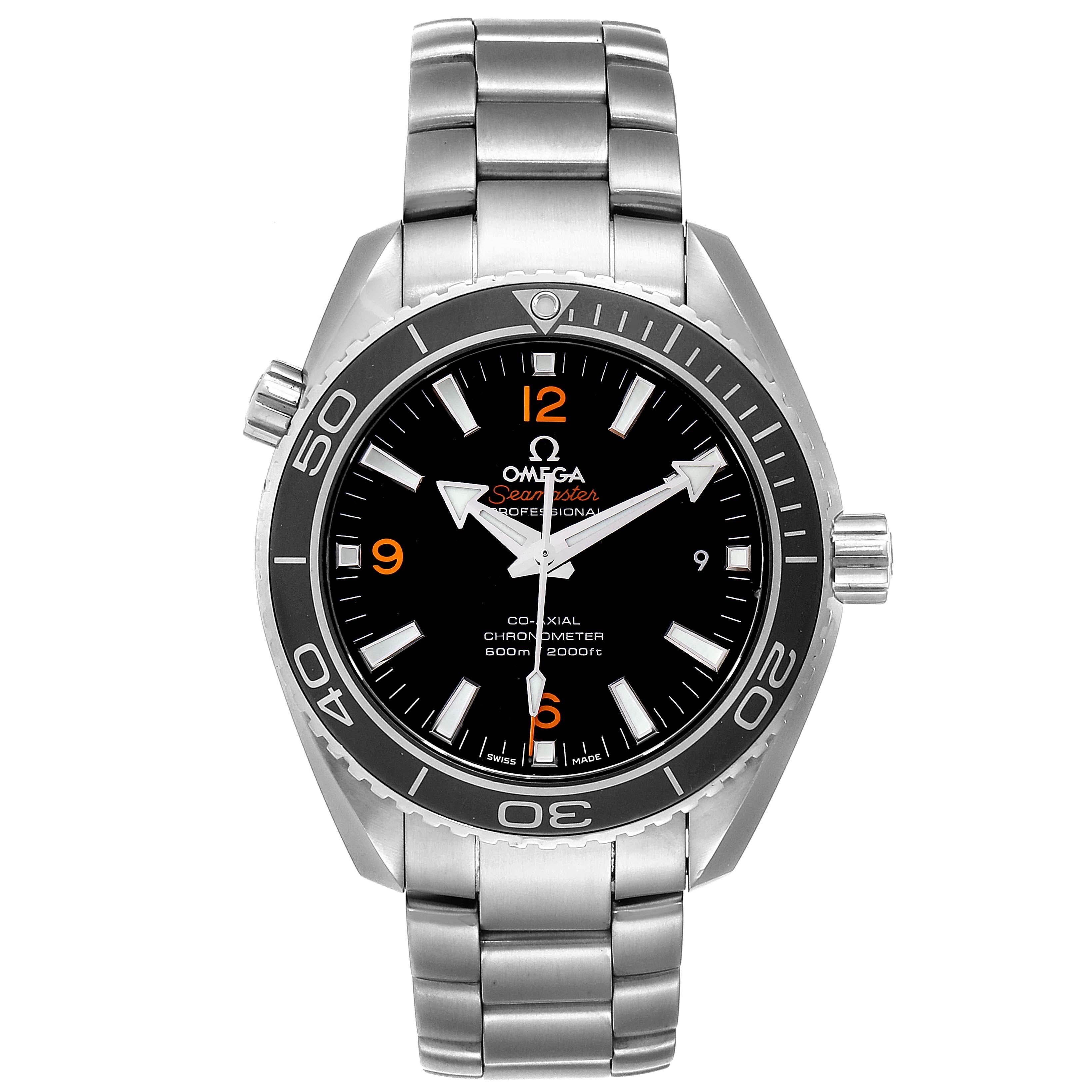 Omega Seamaster Planet Ocean Watch 232.30.42.21.01.003 Box Card. Automatic self-winding chronometer movement. Stainless steel round case 42.0 mm in diameter. Helium Escapement Valve at the 10 o'clock position. Black uni-directional rotating bezel.