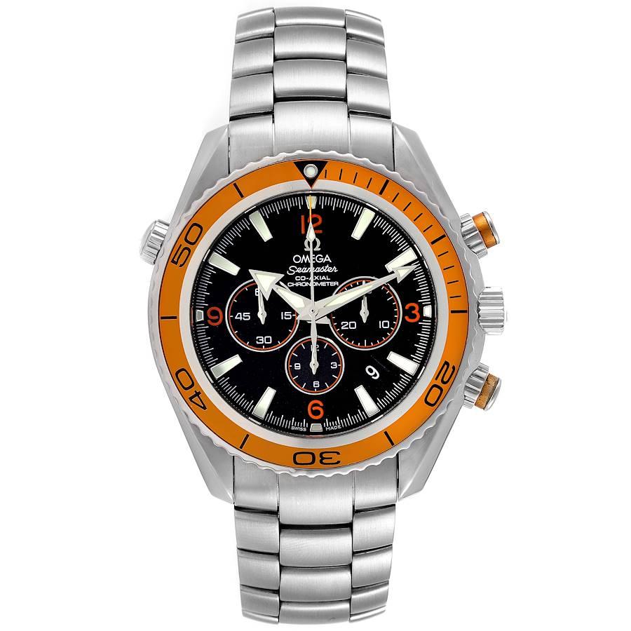 Omega Seamaster Planet Ocean XL Chrono Mens Watch 2218.50.00 Box Card. Automatic self-winding chronograph - chronometer movement. Stainless steel round case 45.5 mm in diameter. Helium Escape Valve at the 10 o'clock position. Orange uni-directional