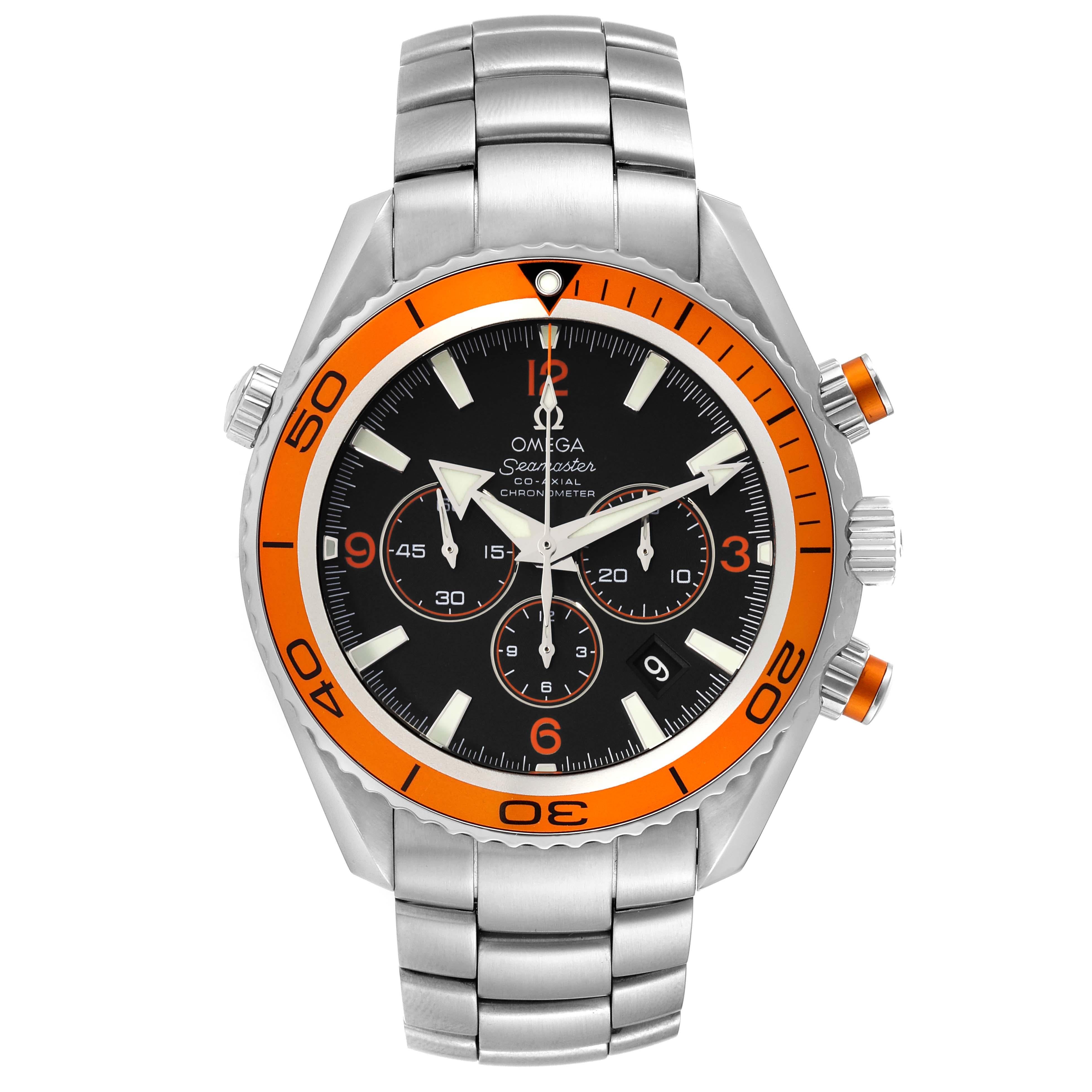 Omega Seamaster Planet Ocean XL Chrono Mens Watch 2218.50.00 Box Card. Automatic self-winding chronograph - chronometer movement. Stainless steel round case 45.5 mm in diameter. Helium Escape Valve at the 10 o'clock position. Orange uni-directional