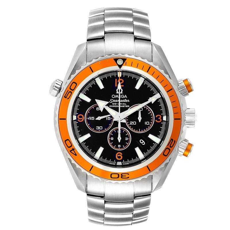 Omega Seamaster Planet Ocean XL Chrono Mens Watch 2218.50.00. Automatic self-winding chronograph - chronometer movement. Stainless steel round case 45.5 mm in diameter. Helium Escapement Valve at the 10 o'clock position. Orange uni-directional