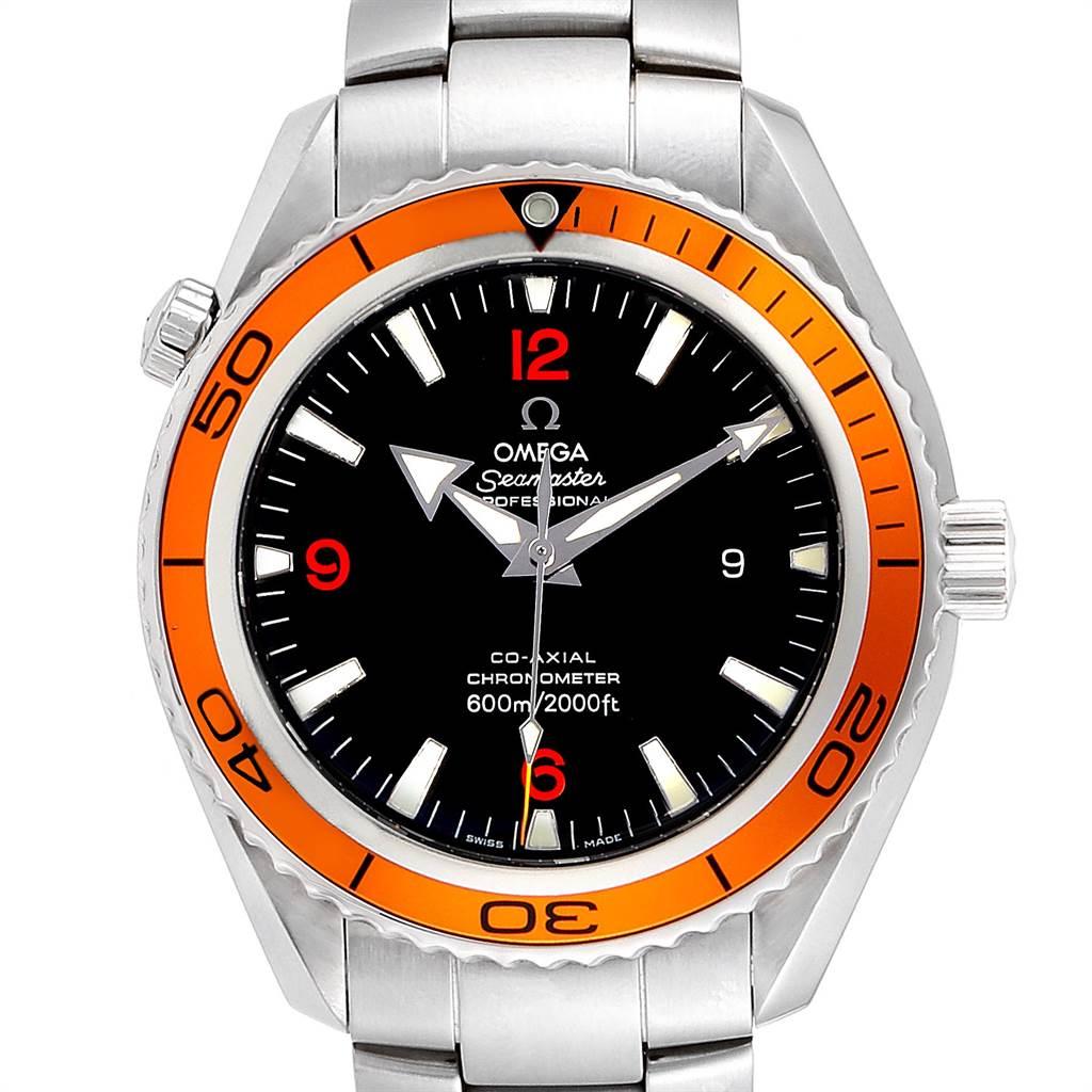 Omega Seamaster Planet Ocean XL Orange Bezel Mens Watch 2208.50.00. Automatic self-winding movement. Stainless steel round case 45.0 mm in diameter. Orange uni-directional rotating bezel. Scratch resistant sapphire crystal. Black dial with