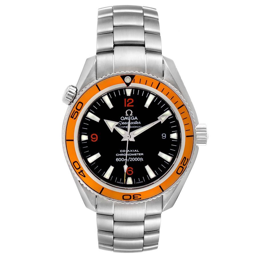 Omega Seamaster Planet Ocean XL Orange Bezel Mens Watch 2208.50.00. Automatic self-winding movement. Stainless steel round case 45.0 mm in diameter. Orange uni-directional rotating bezel. Scratch resistant sapphire crystal. Black dial with