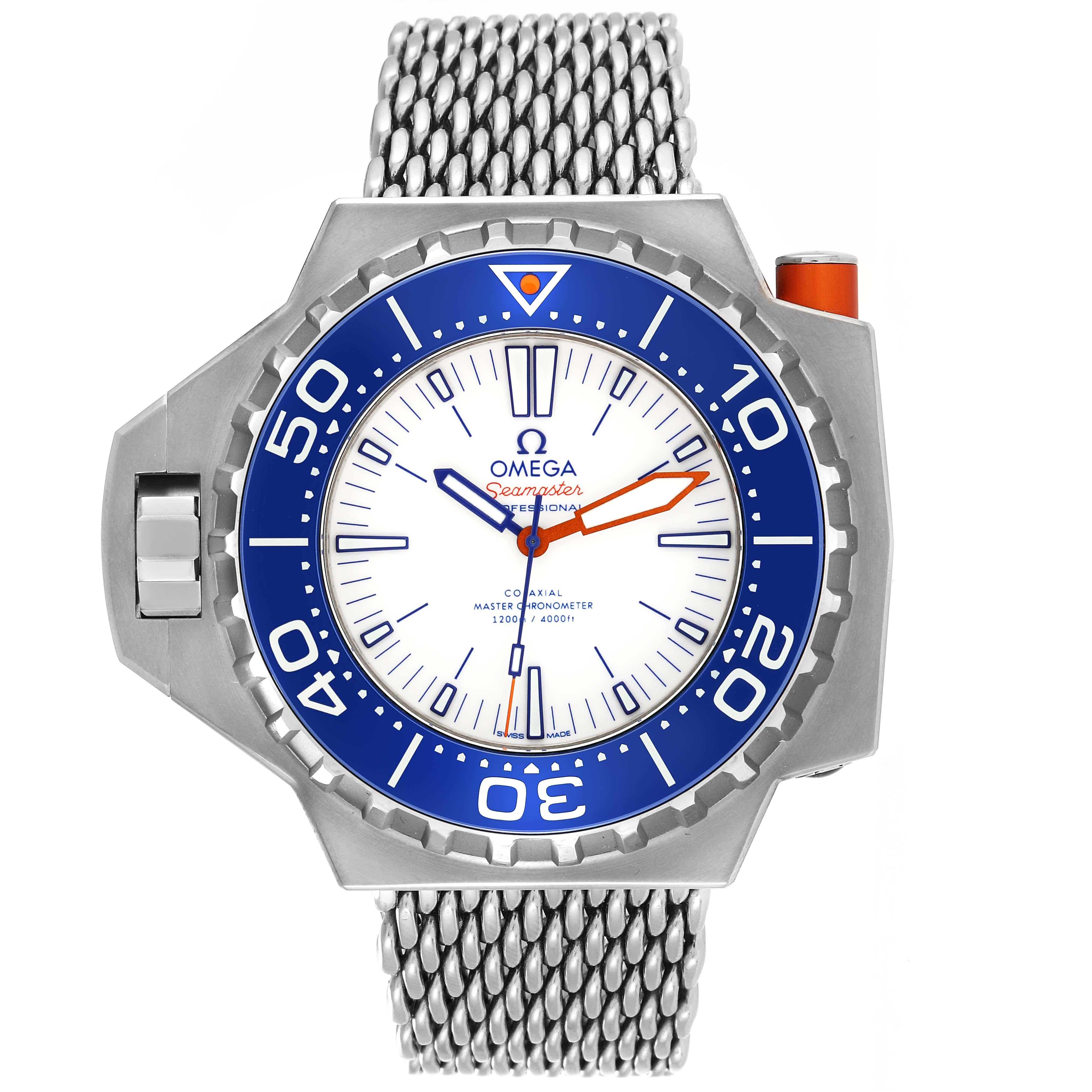 Omega Seamaster Ploprof Titanium Mens Watch 227.90.55.21.04.001 Unworn. Automatic self-winding Co-Axial movement. Caliber 8912. Titanium case 55 x 48 mm in diameter. Left hand crown with a solid steel crown-protector. Helium escape valve on the case