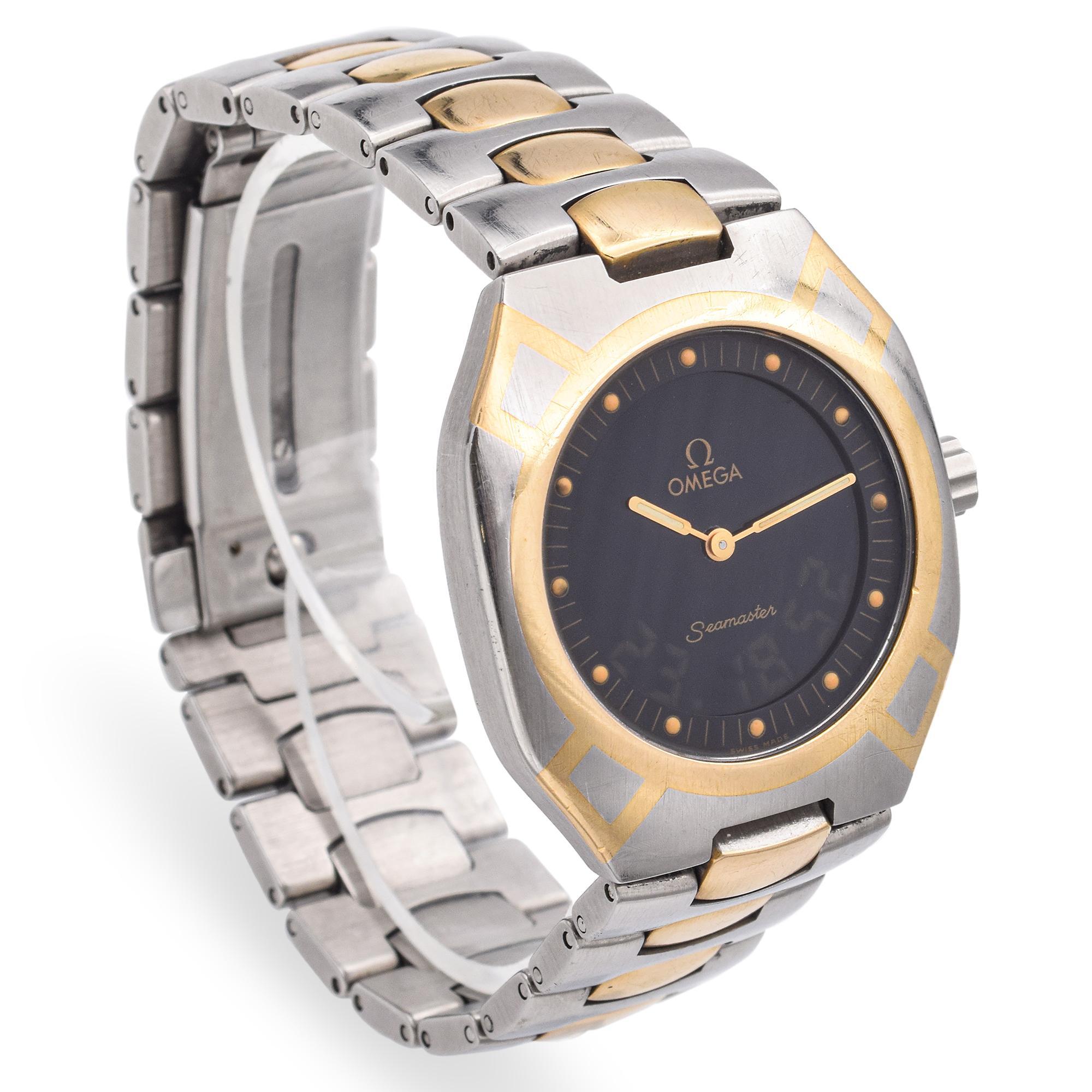 Omega Seamaster Polaris Stainless Steel and 18k Gold Quartz Mens Watch In Good Condition In New York, NY