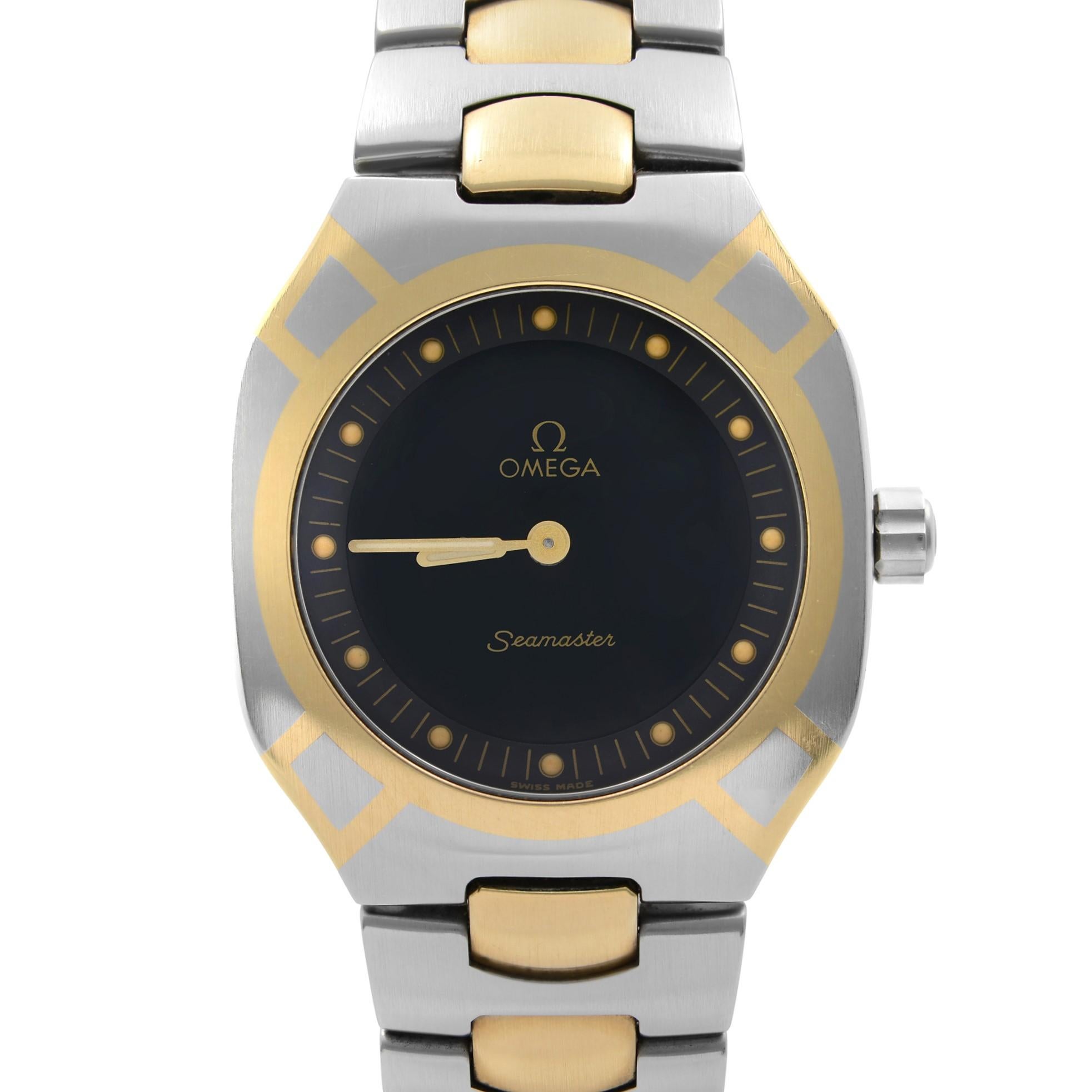 Vintage Pre-owned Omega Seamaster Polaris Two-Tone Steel Black Dial Quartz Unisex Watch 2440.50.00. It Was Produced in 1988. 18k gold plated mid links and 18k gold in case. Analog and Digital Display Dial. The Watch Bracelet and Case Show Minor