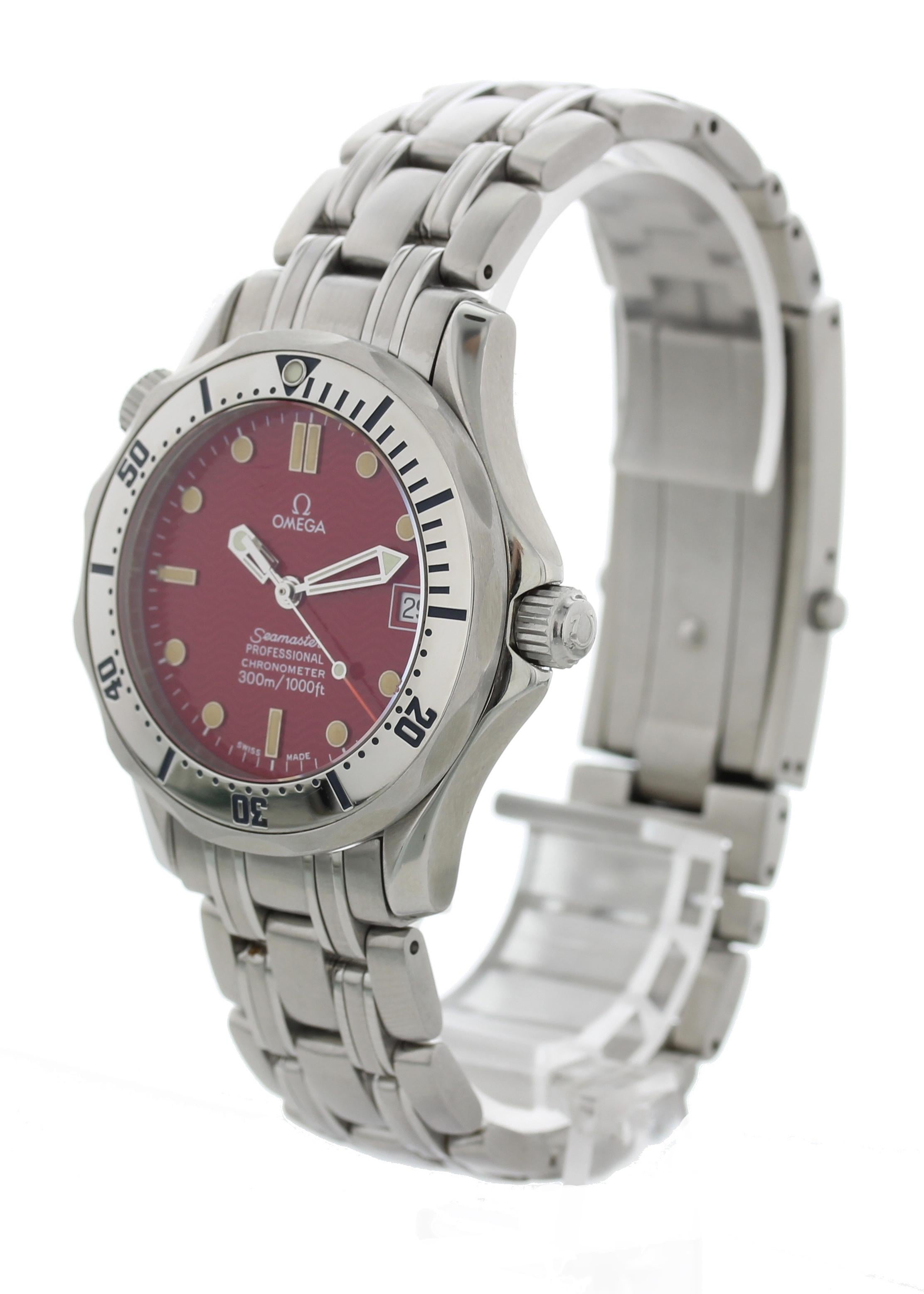 Omega Seamaster Professional 1681602 Midsize Watch. 36mm stainless steel case. Unidirectional bezel with stainless steel bezel insert. Red dial with luminous steel hands and dot hour markers. stainless steel seamster bracelet with push button fold