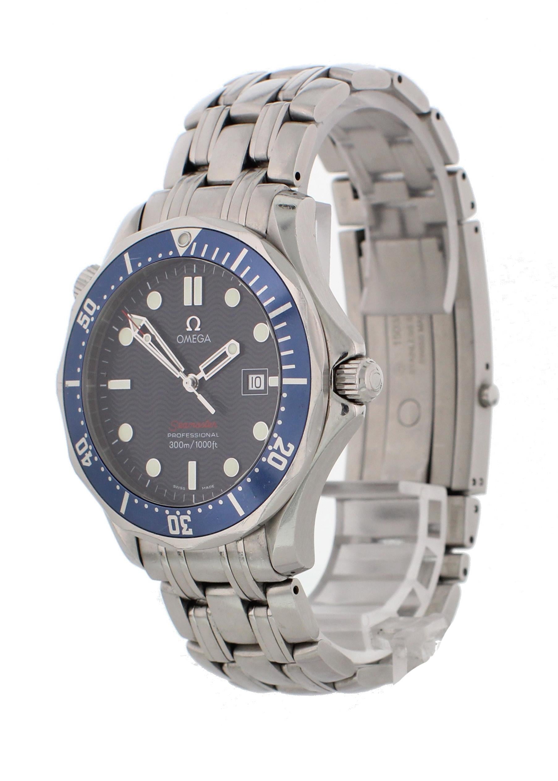 Omega Seamaster Professional 2221.80.00 Mens Watch. 41mm stainless steel case. Unidirectional blue bezel with a luminous 60-minute marker. Blue dial with minute markers, luminous hands, and indexes. Date display at the 3 O'clock position. Stainless