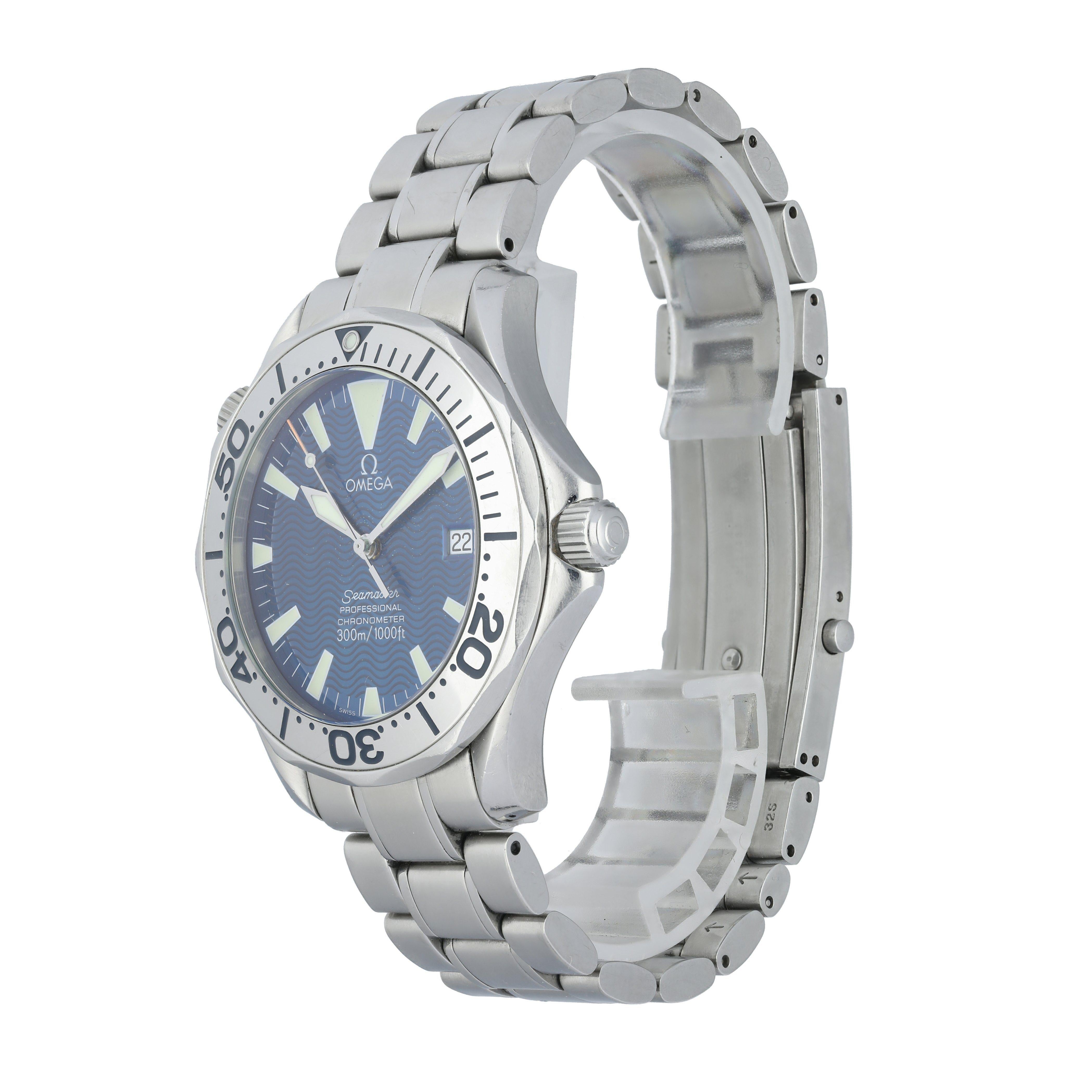 Omega Seamaster Professional 2255.80.00 Men's Watch. 
Stainless Steel 41 mm case, Unidirectional Stainless Steel bezel with engraved markers. 
Electric Blue dial with luminous hands and hour markers. Date display at 3 o'clock position. 
Stainless