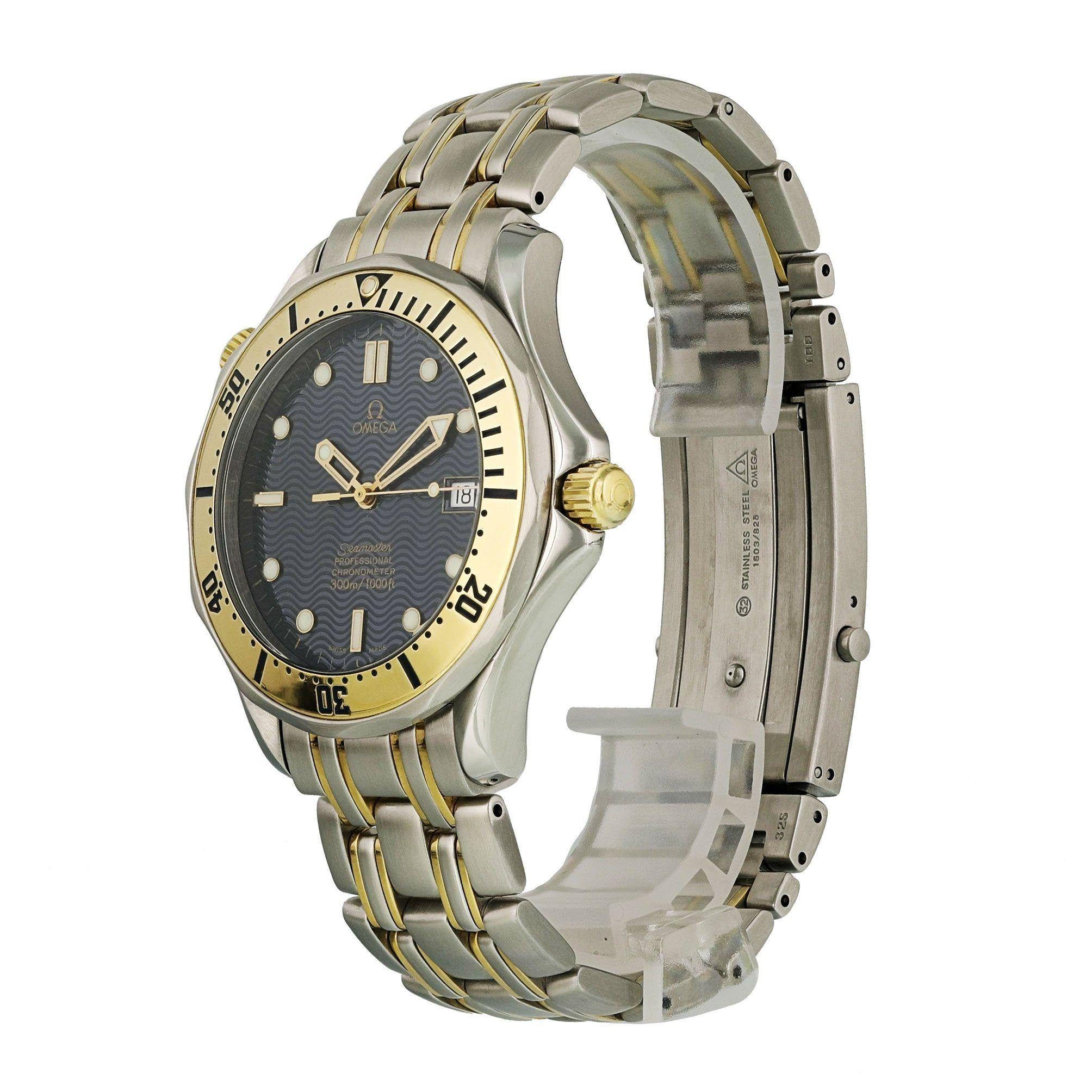 Omega Seamaster Professional 2332.80.00 Men Watch. 
41.5mm Stainless Steel case. 
Yellow Gold Unidirectional bezel. 
Blue dial with Luminous gold hands and dot hour markers. 
Minute markers on the outer dial. 
Date display at the 3 o'clock position.