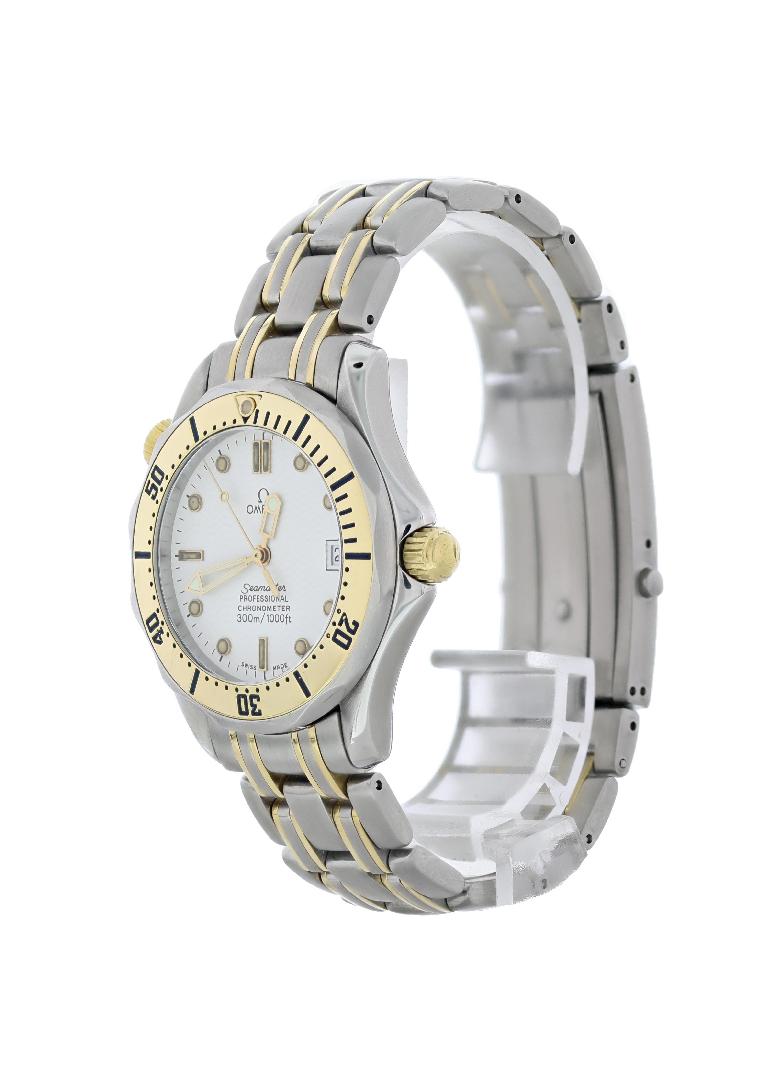 Omega Seamaster Professional 236.22.000 Midsize Watch. 36mm stainless steel case. Unidirectional rotating bezel with 18k Yellow gold bezel insert. White wave dial with gold luminous hands and markers. Helium escape valve at the 10 o'clock position.
