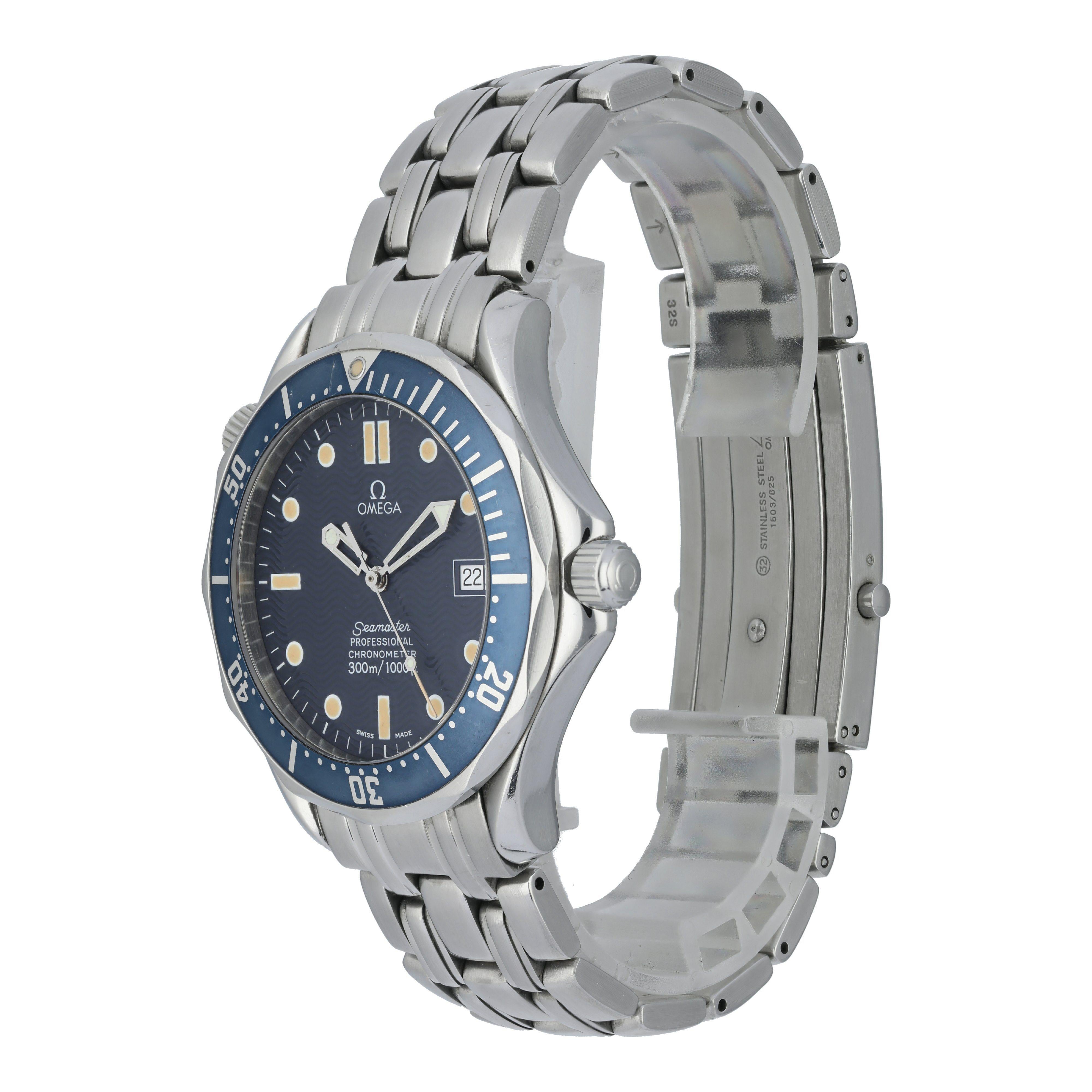 Omega Seamaster 2531.80.00 Men's Watch. 
41mm Stainless Steel case with Stainless Stee Unidirectional rotating bezel. 
Blue dial with Luminous Steel hands and luminous dot hour markers. 
Minute markers on the outer dial. 
Date display at the 3