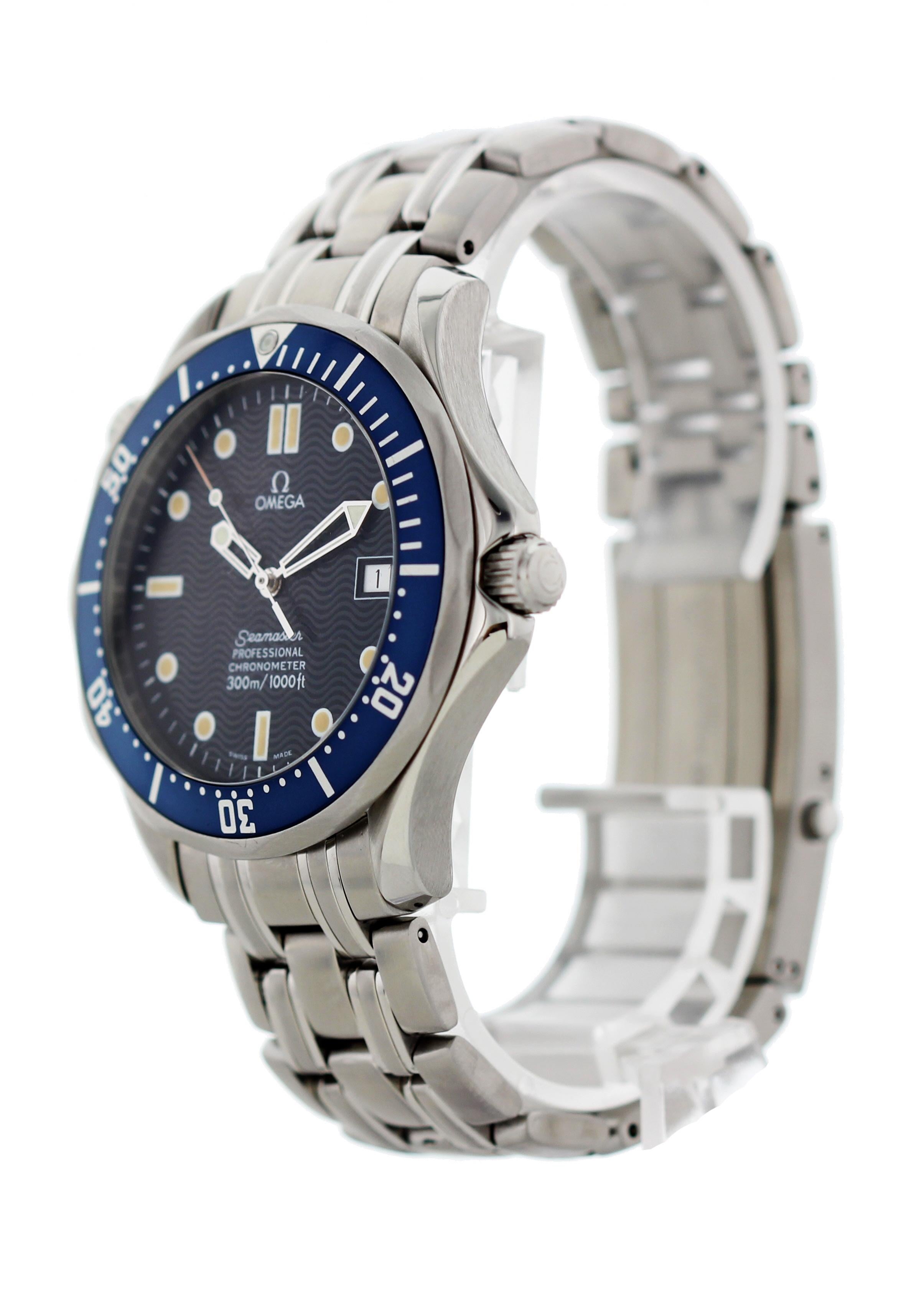 Omega Seamaster Professional Chronometer 2531.80.00 Mens Watch. 41mm stainless steel case. Unidirectional stainless steel bezel with a blue bezel insert and luminous 60-minute marker. Blue dial with steel luminous hands and luminous dot hour