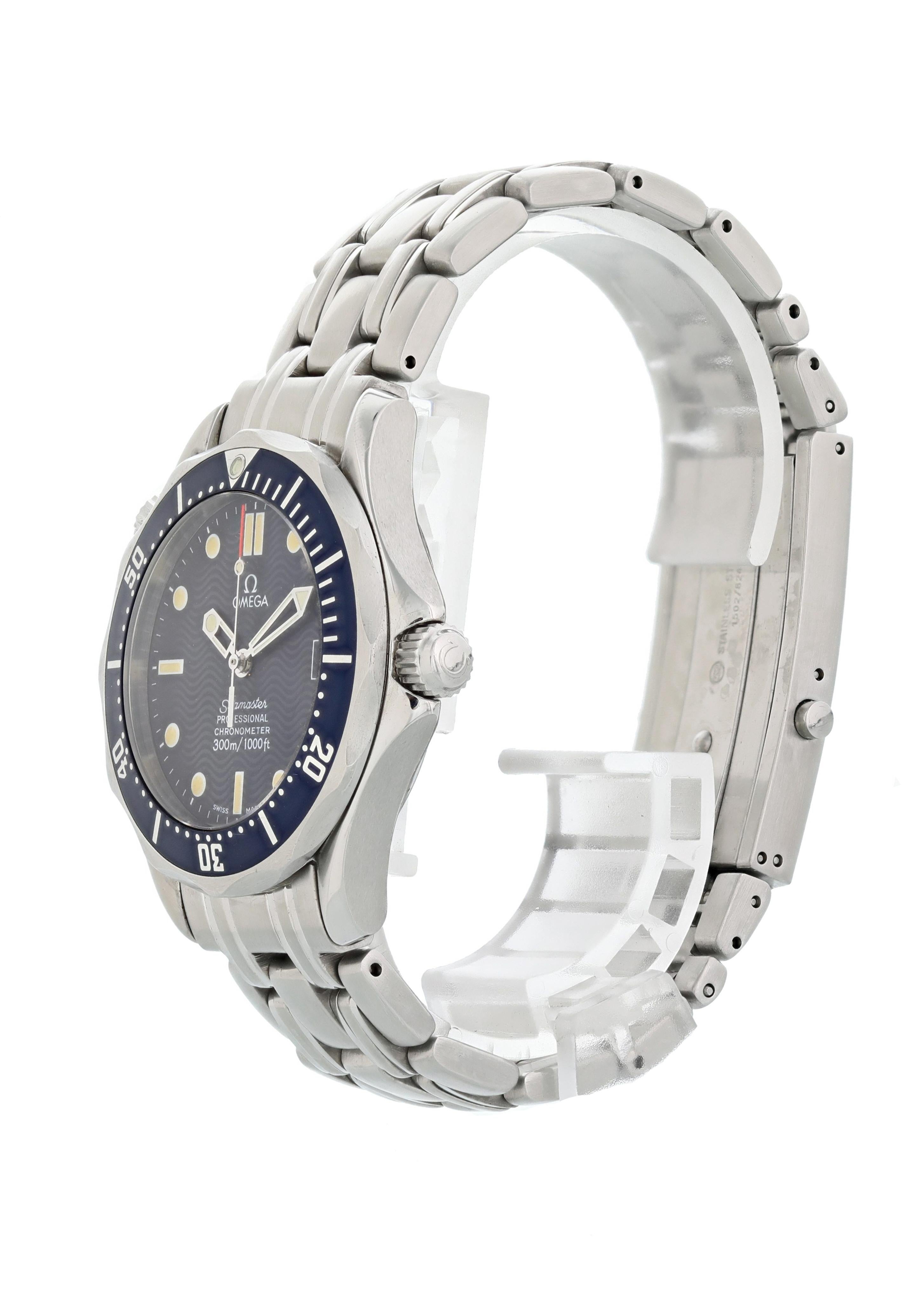 Omega Seamaster professional 2551.80.00 Mid-Size Watch. 36mm stainless steel case. Unidirectional stainless steel bezel with blue bezel insert. Blue wave dial with date display by the 3 o'clock position. Stainless steel bracelet with a double push