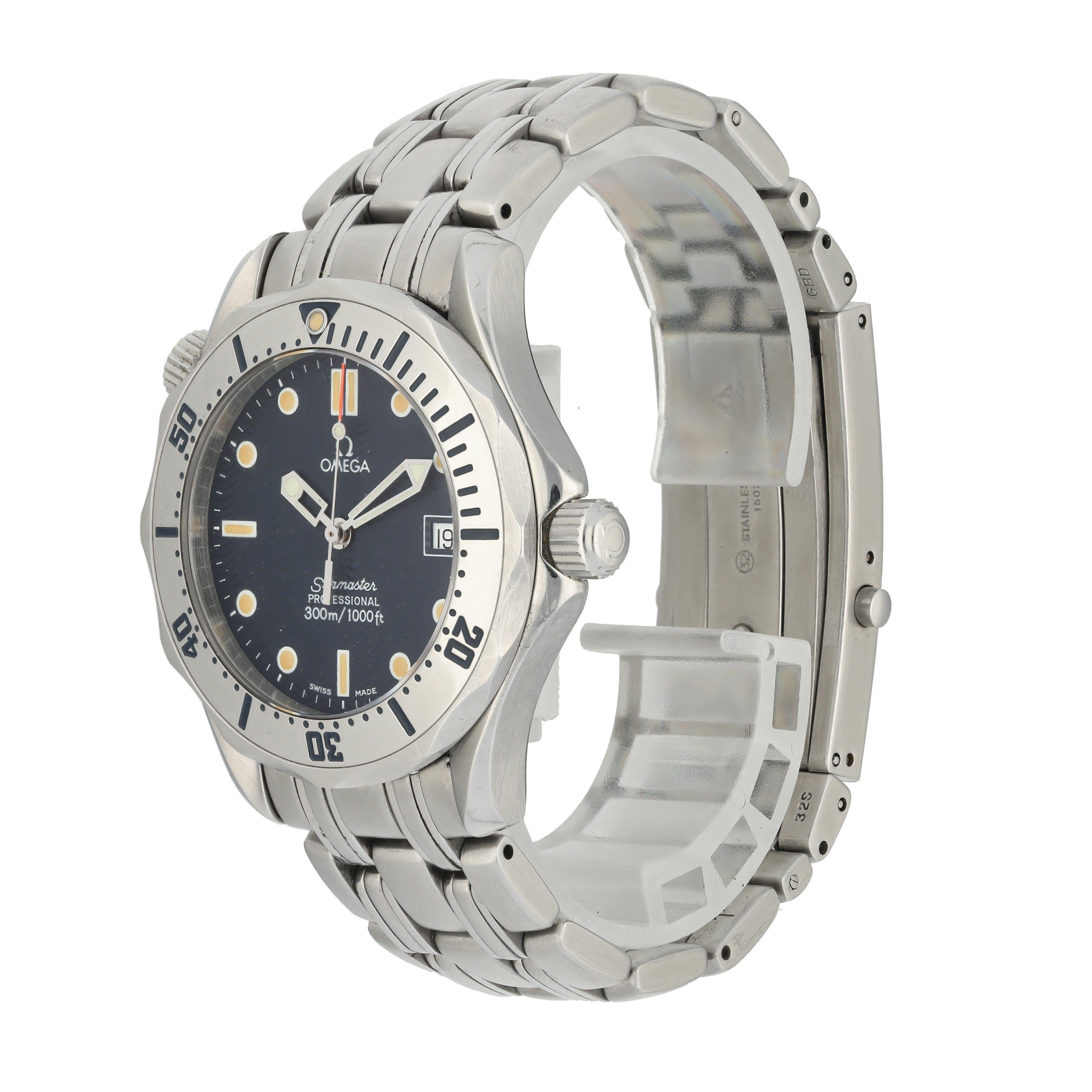 Omega Seamaster Professional 2562.80.00 Men Watch. 
38mm Stainless Steel case. 
Stainless Steel Unidirectional bezel. 
Blue dial with Luminous Steel hands and luminous dot hour markers. 
Minute markers on the outer dial. 
Date display at the 3