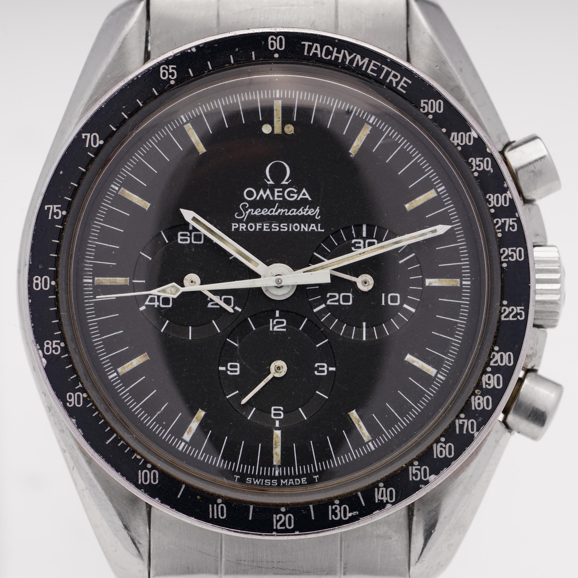 Omega Speedmaster Professional ‘Moonwatch’
Made in Switzerland, 1974
Ref. 145.022
 
Speedmaster moon watch with an inscription on the rear case back
NASA Flight Qualified for all Manned Space Missions,
The first timepiece worn on the moon.

Case