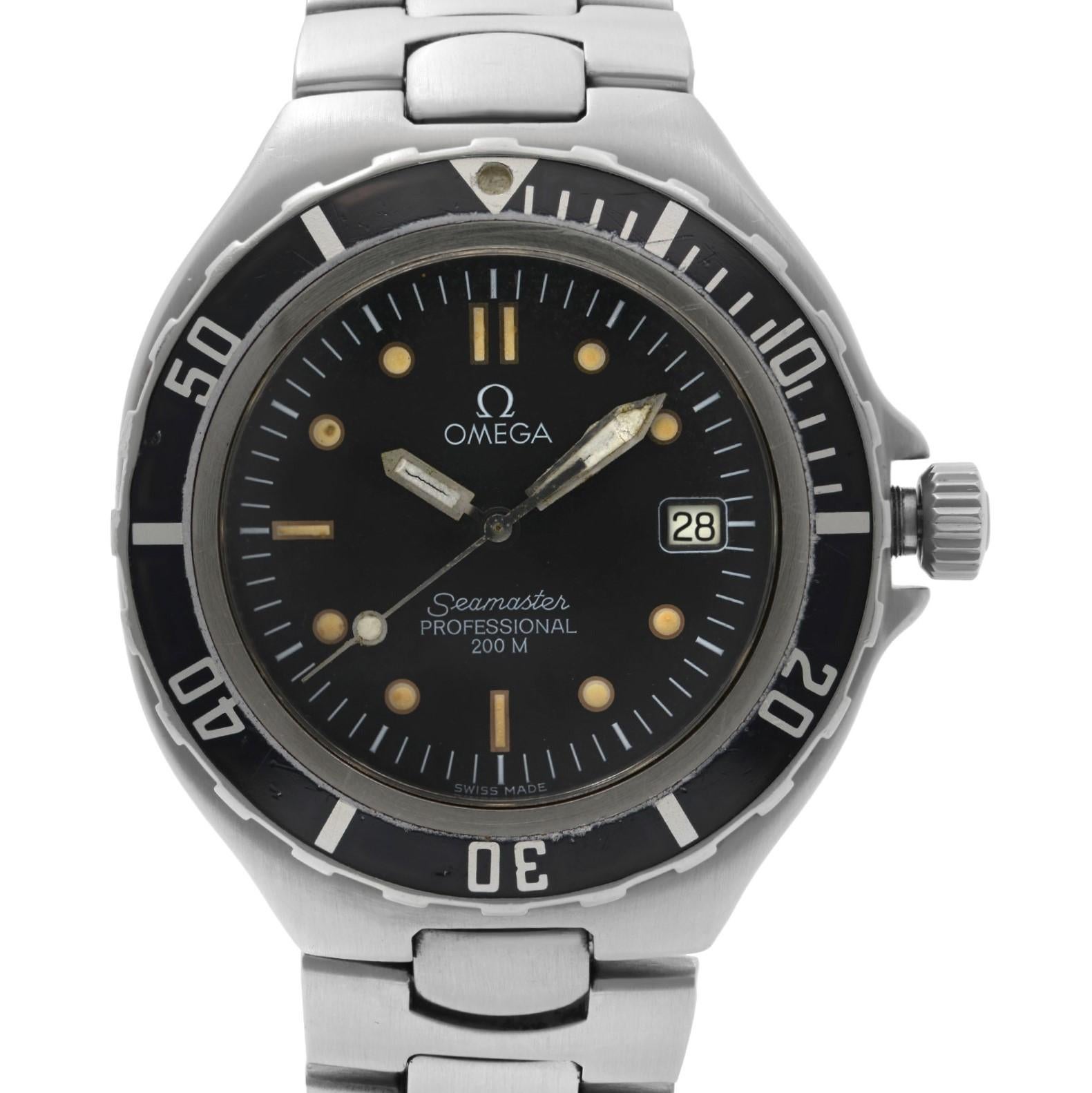 Pre-owned Omega Seamaster Professional Steel Black Dial Quartz Men's Watch 3961052. It Was Produced in 1993. Dial have patina. Hands lume have faded and moisturized.  The Watch Case and Bezel Show Significant Dents and Scratches as Seen in the
