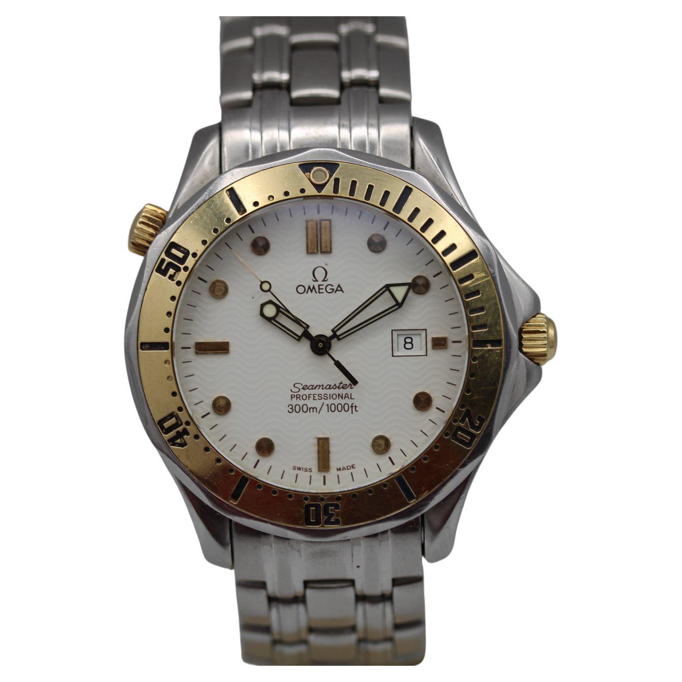 Omega Seamaster Quartz  White Wave Dial  1993  Gold Bezel & Crown  41mm
