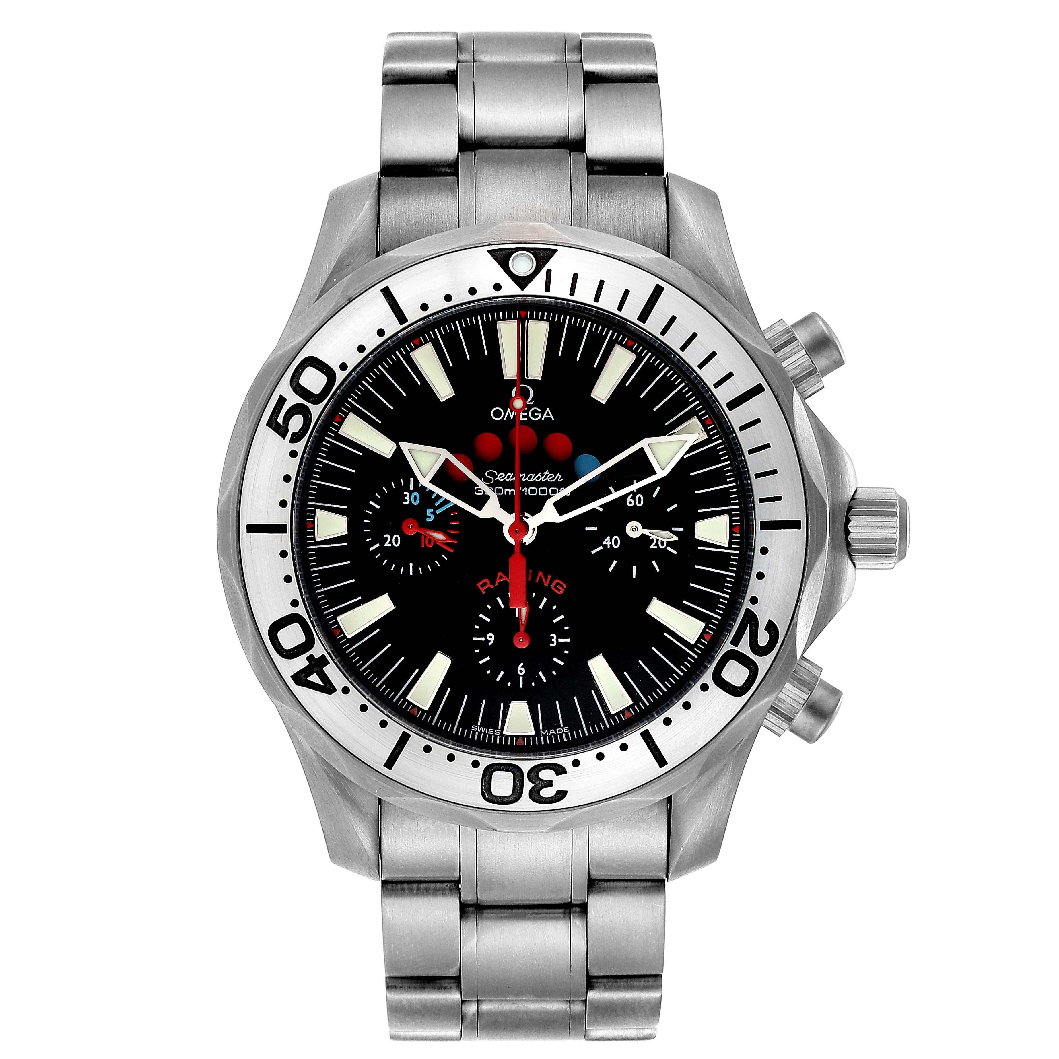 Omega Seamaster Regatta Racing Titanium Mens Watch 2269.52.00 Card. Officially certified chronometer automatic self-winding movement. Chronograph function. Titanium case 44 mm in diameter. Omega logo on a crown. Unidirectional rotating ratcheted