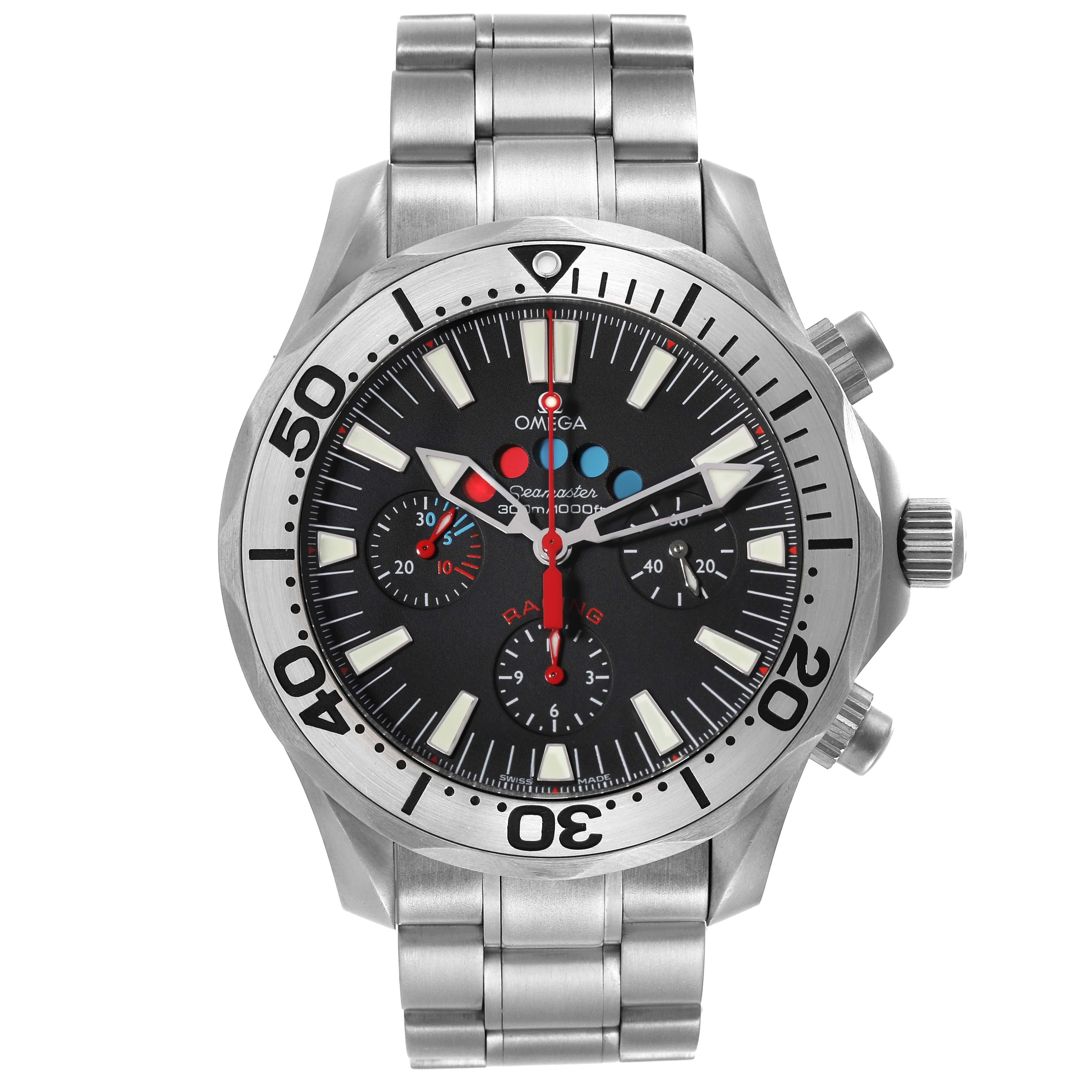 Omega Seamaster Regatta Racing Titanium Mens Watch 2269.52.00 Card. Officially certified chronometer automatic self-winding movement. Chronograph function. Titanium case 44 mm in diameter. Omega logo on a crown. Unidirectional rotating ratcheted