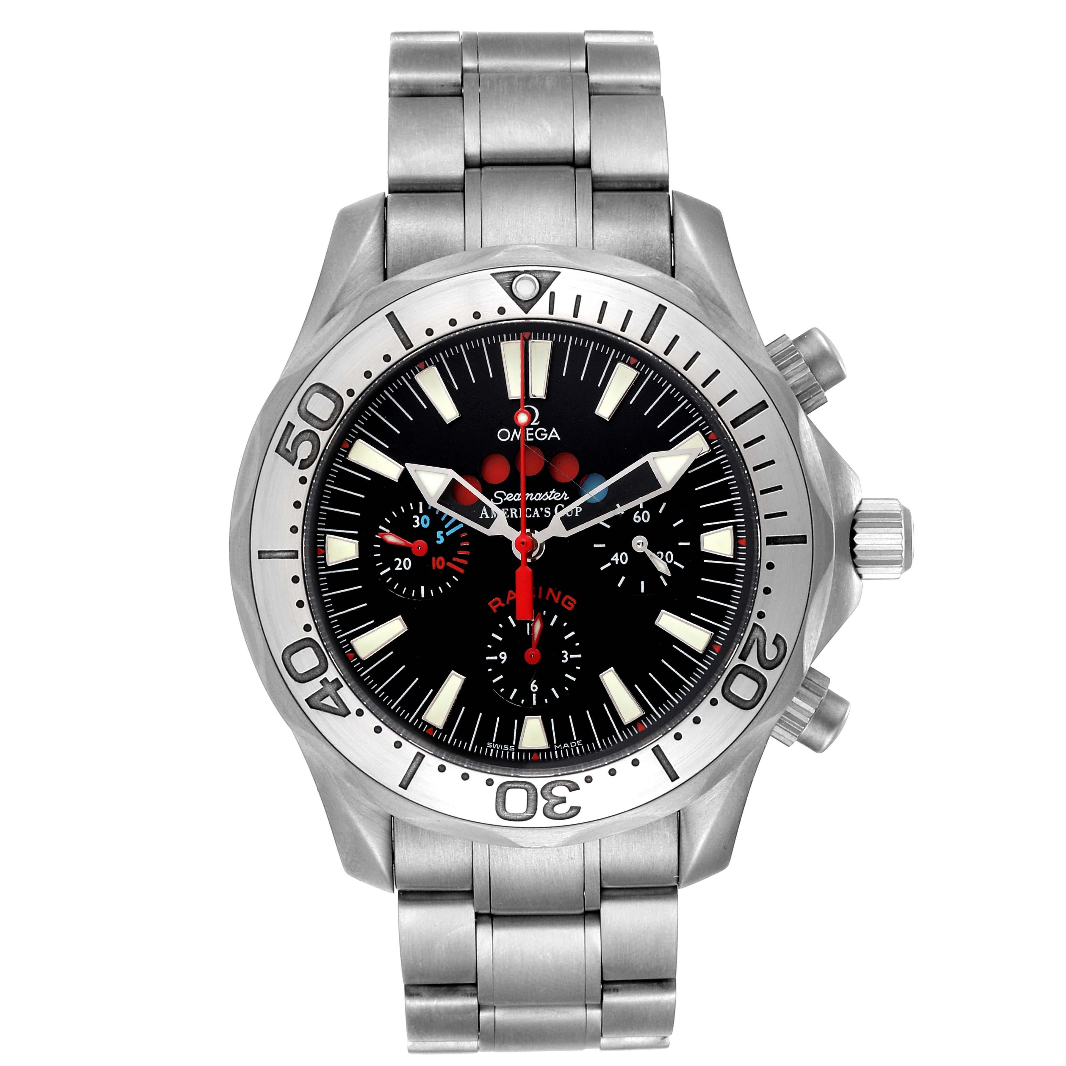 Omega Seamaster Regatta Racing Titanium Mens Watch 2269.52.00. Officially certified chronometer automatic self-winding movement. Chronograph function. Titanium case 44 mm in diameter. Omega logo on a crown. Unidirectional rotating ratcheted bezel,