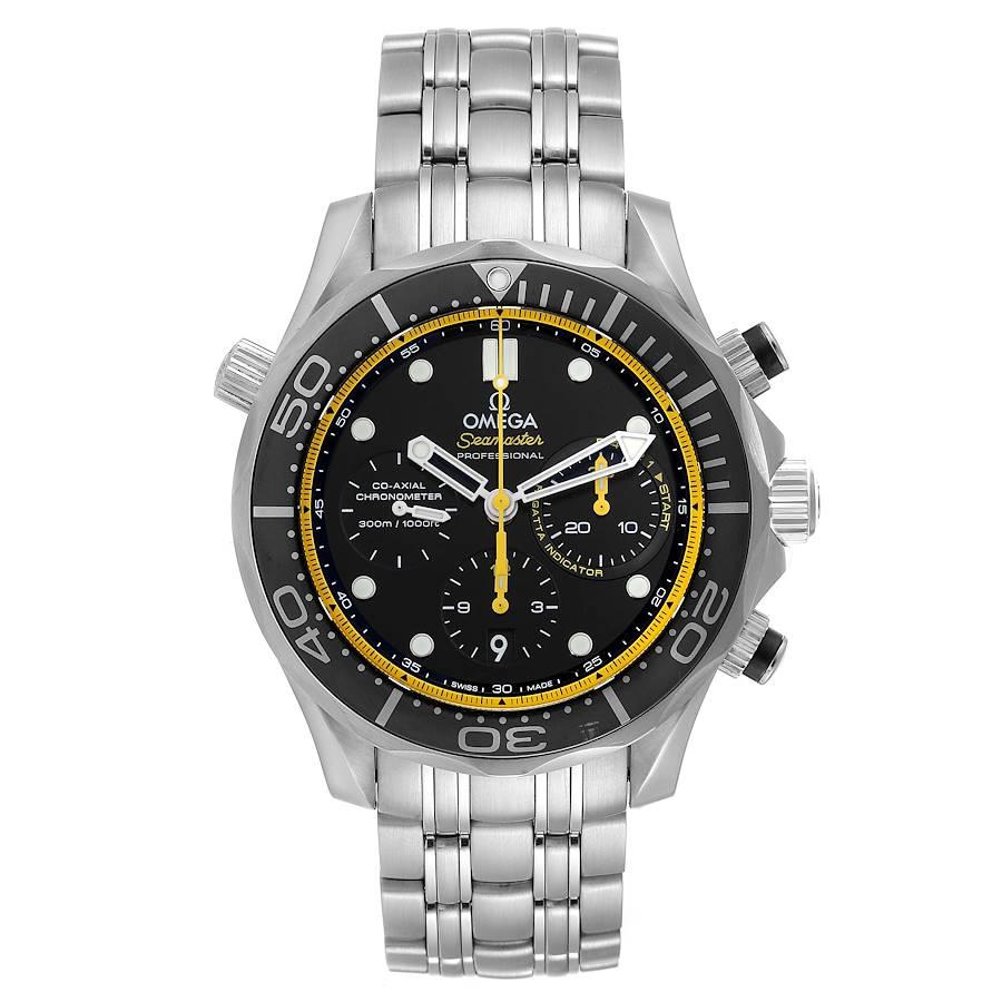 Omega Seamaster Regatta Yellow Hands Mens Watch 212.30.44.50.01.002 Box Card. Automatic self-winding movement. Stainless steel case 44.0 mm in diameter. Omega logo on a crown. Unidirectional rotating bezel. Scratch resistant sapphire crystal. Black