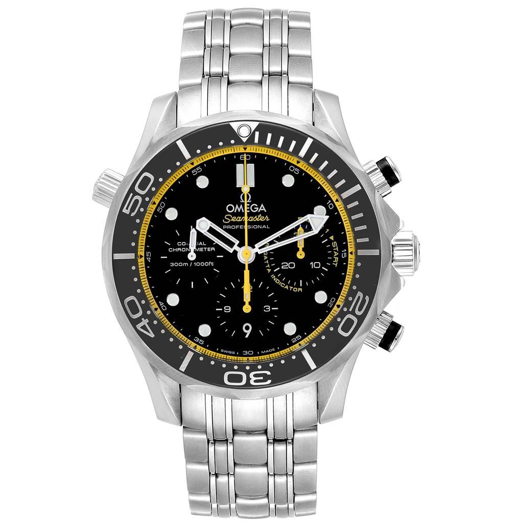 Omega Seamaster Regatta Yellow Hands Mens Watch 212.30.44.50.01.002 Card. Automatic self-winding chronograph movement. Stainless steel case 41.0 mm in diameter. Omega logo on a crown. Black unidirectional rotating bezel. Scratch resistant sapphire