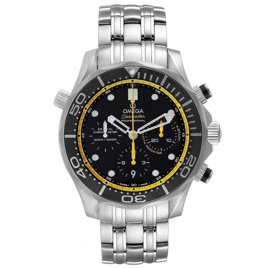 Omega Seamaster Regatta Yellow Hands Mens Watch 212.30.44.50.01.002. Automatic self-winding movement. Stainless steel case 44.0 mm in diameter. Omega logo on a crown. Unidirectional rotating bezel. Scratch resistant sapphire crystal. Black dial with