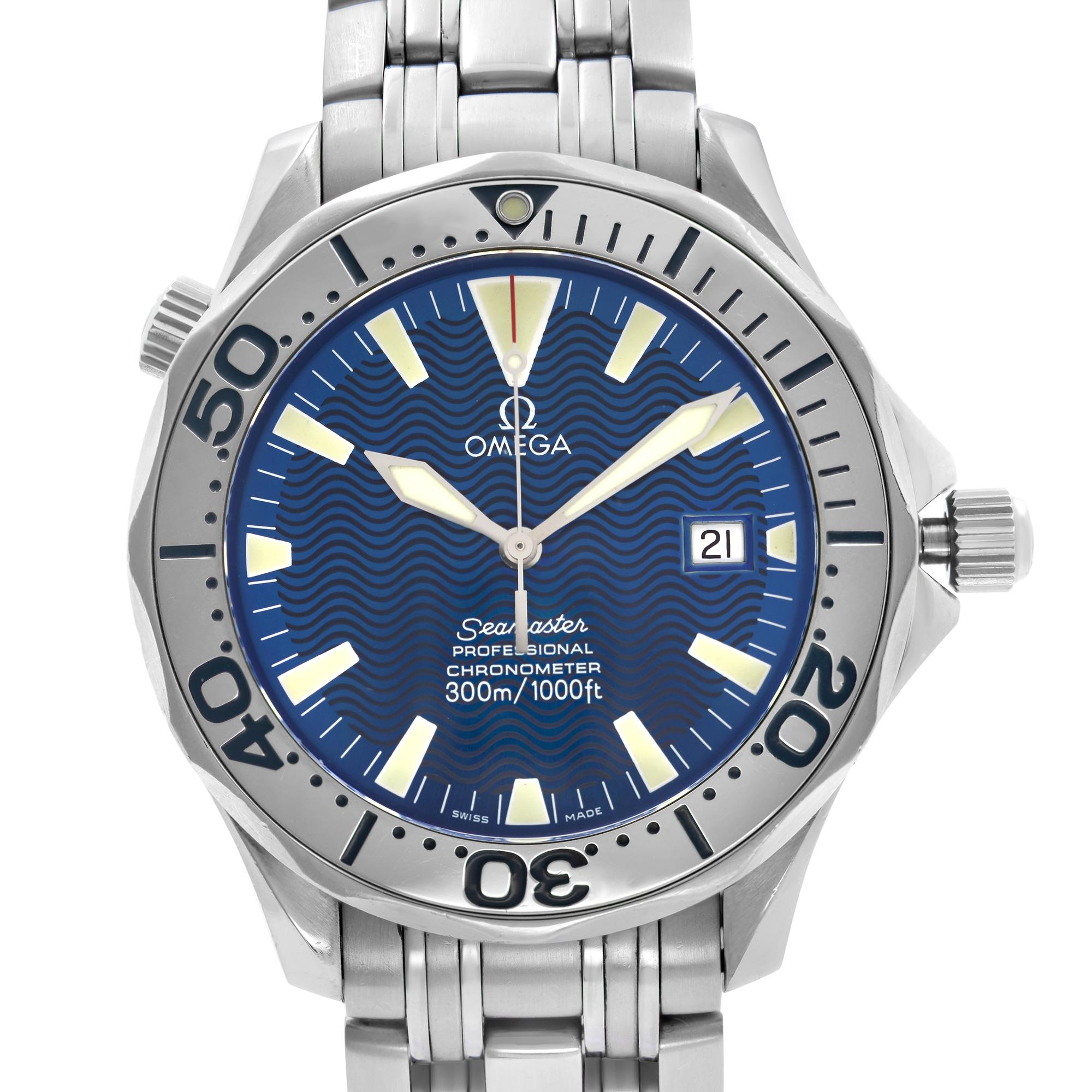 Pre-owned Omega Seamaster Stainless Steel Blue Dial Automatic Men's Watch. Minor dents on the bezel insert and on the edges.  No Original Box and Papers are Included. Comes with Chronostore Presentation Box and Authenticity Card. Covered by 1-year