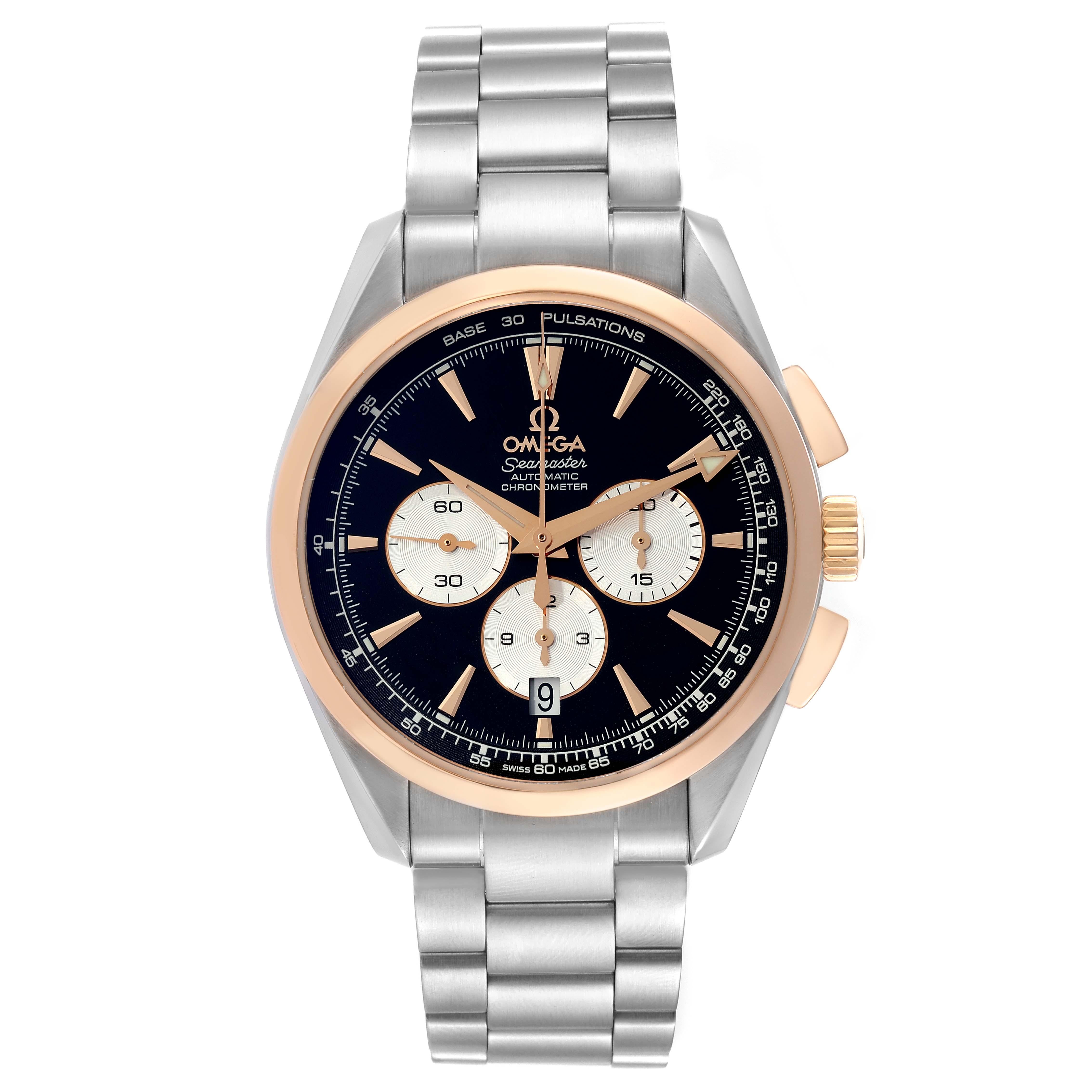 Omega Seamaster Steel Rose Gold Mens Watch 221.20.42.40.01.002 Box Card. Automatic self-winding movement with Co-Axial Escapement. Stainless steel and 18K rose gold round case 42 mm in diameter. Omega logo on 18k rose gold crown. 18K rose gold