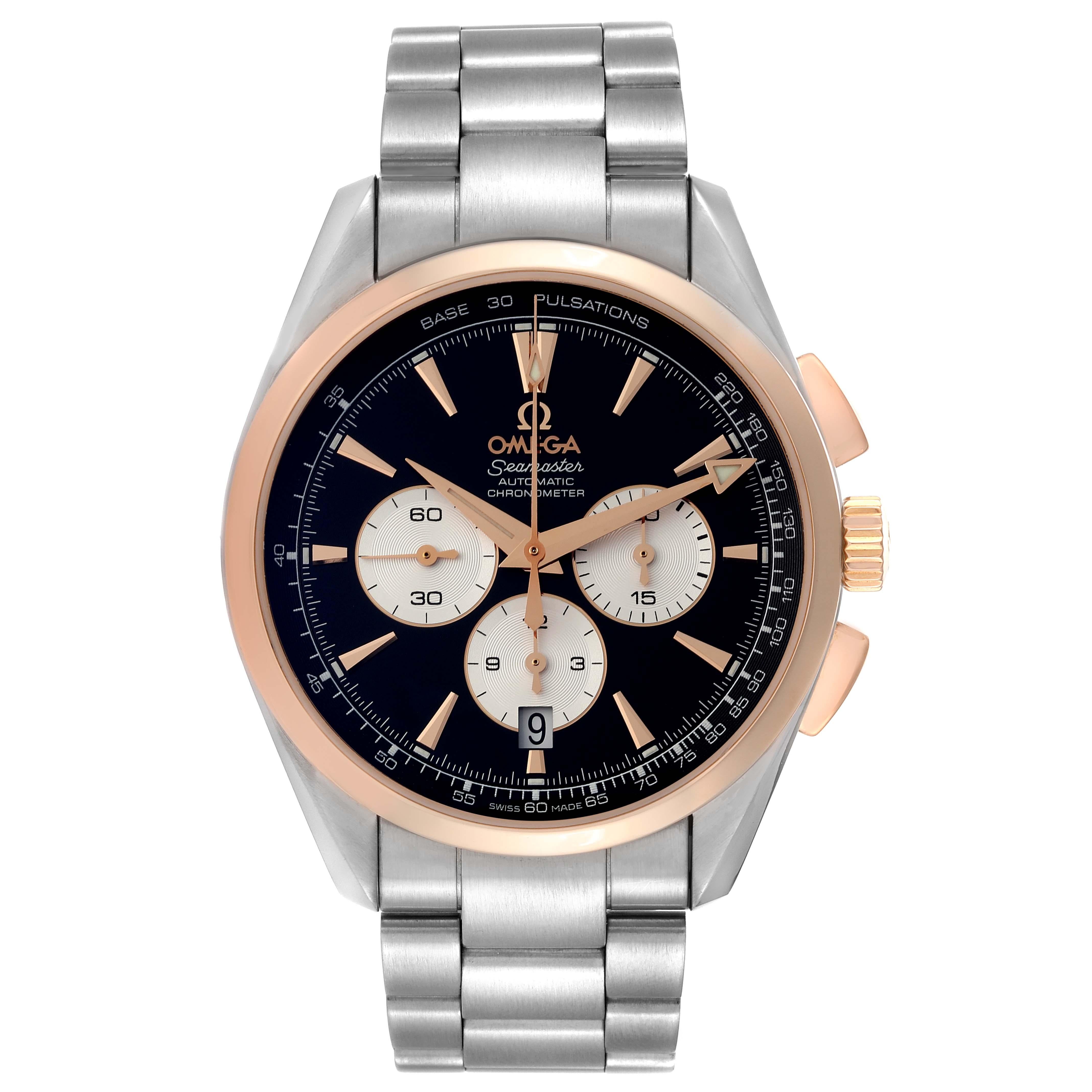 Omega Seamaster Steel Rose Gold Mens Watch 221.20.42.40.01.002 Box Card. Automatic self-winding movement with Co-Axial Escapement. Stainless steel and 18K rose gold round case 42 mm in diameter. Omega logo on 18k rose gold crown. 18K rose gold