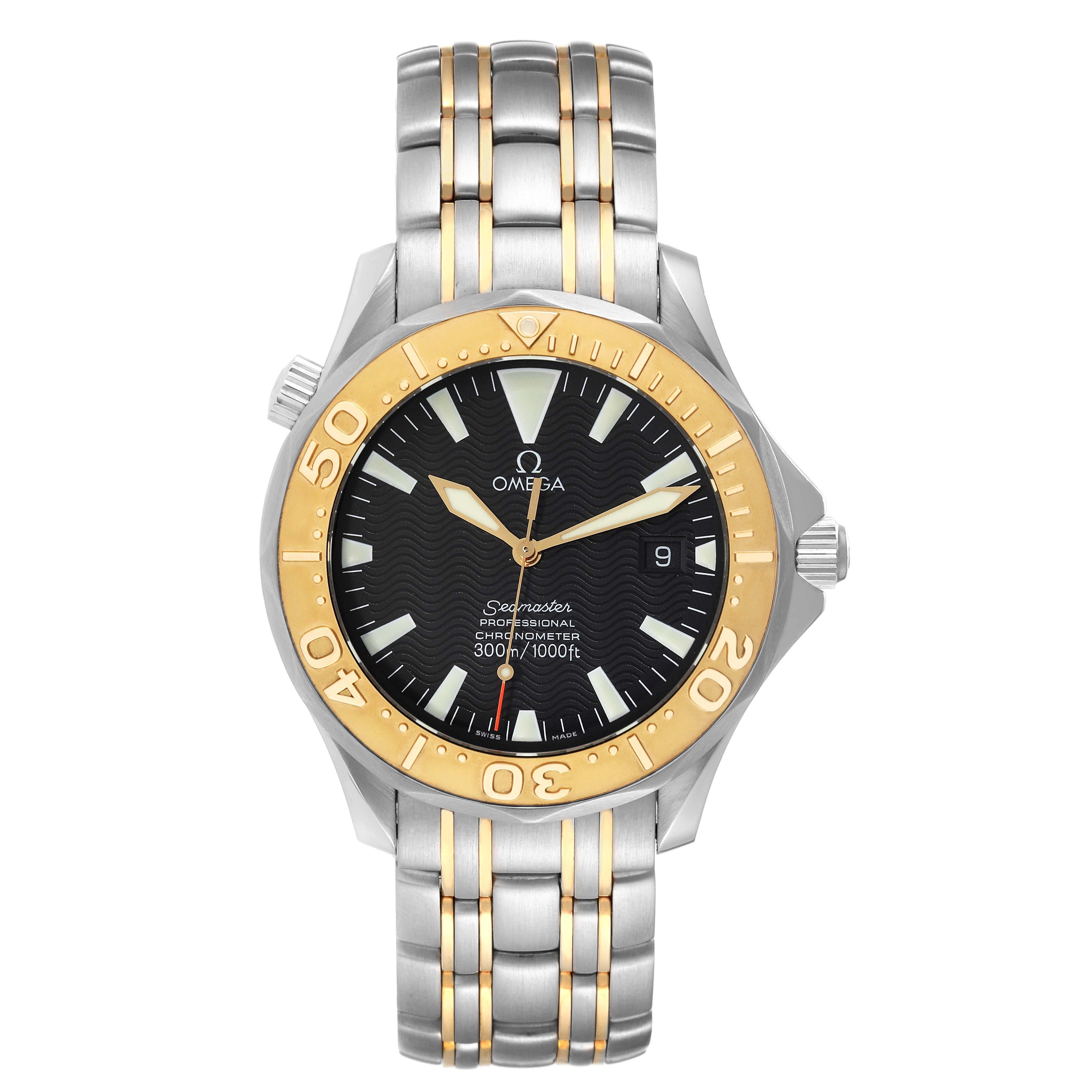 Omega Seamaster Steel Yellow Gold Automatic Mens Watch 2455.50.00 Card. Automatic self-winding movement. Stainless steel round case 41.0 mm in diameter. 18K yellow gold unidirectional rotating bezel. Scratch resistant sapphire crystal. Black wave