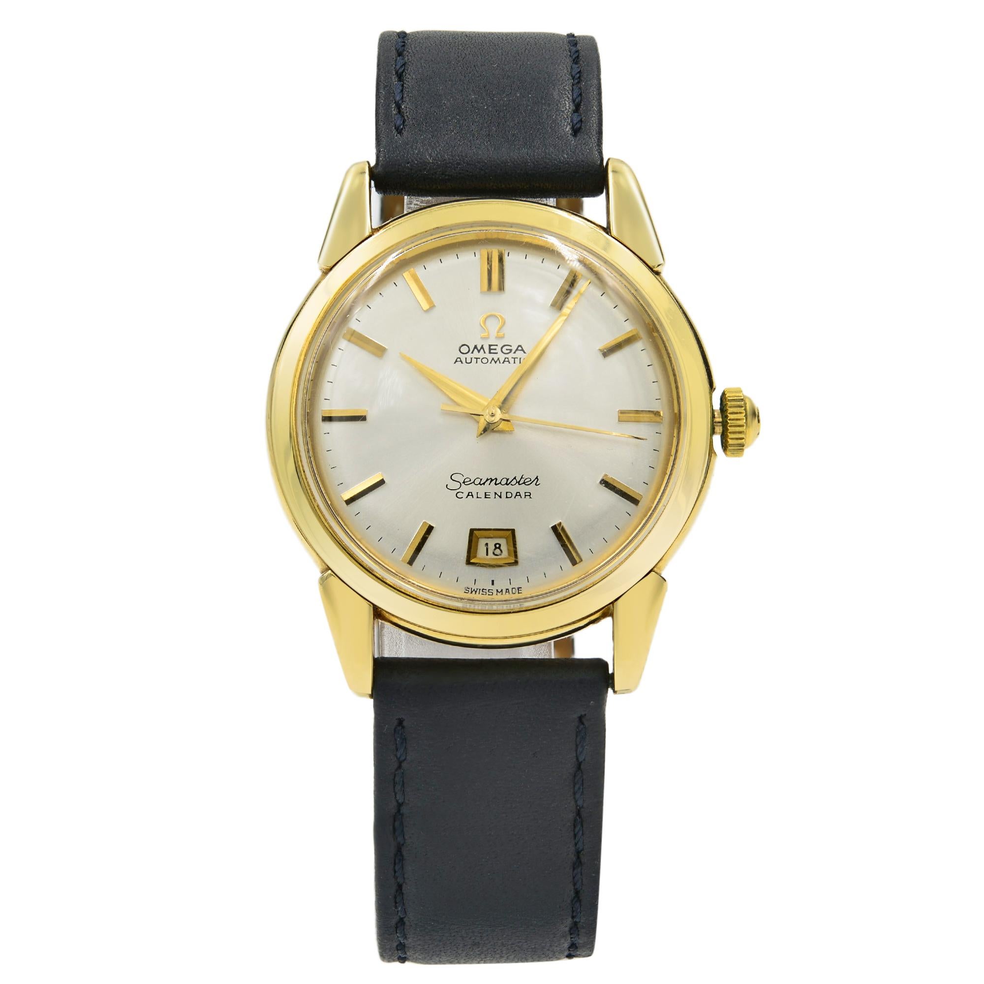 This pre-owned Omega Seamaster N/A is a beautiful Unisex timepiece that is powered by an automatic movement which is cased in a yellow gold case. It has a round shape face, date dial, and has hand sticks style markers. It is completed with a leather