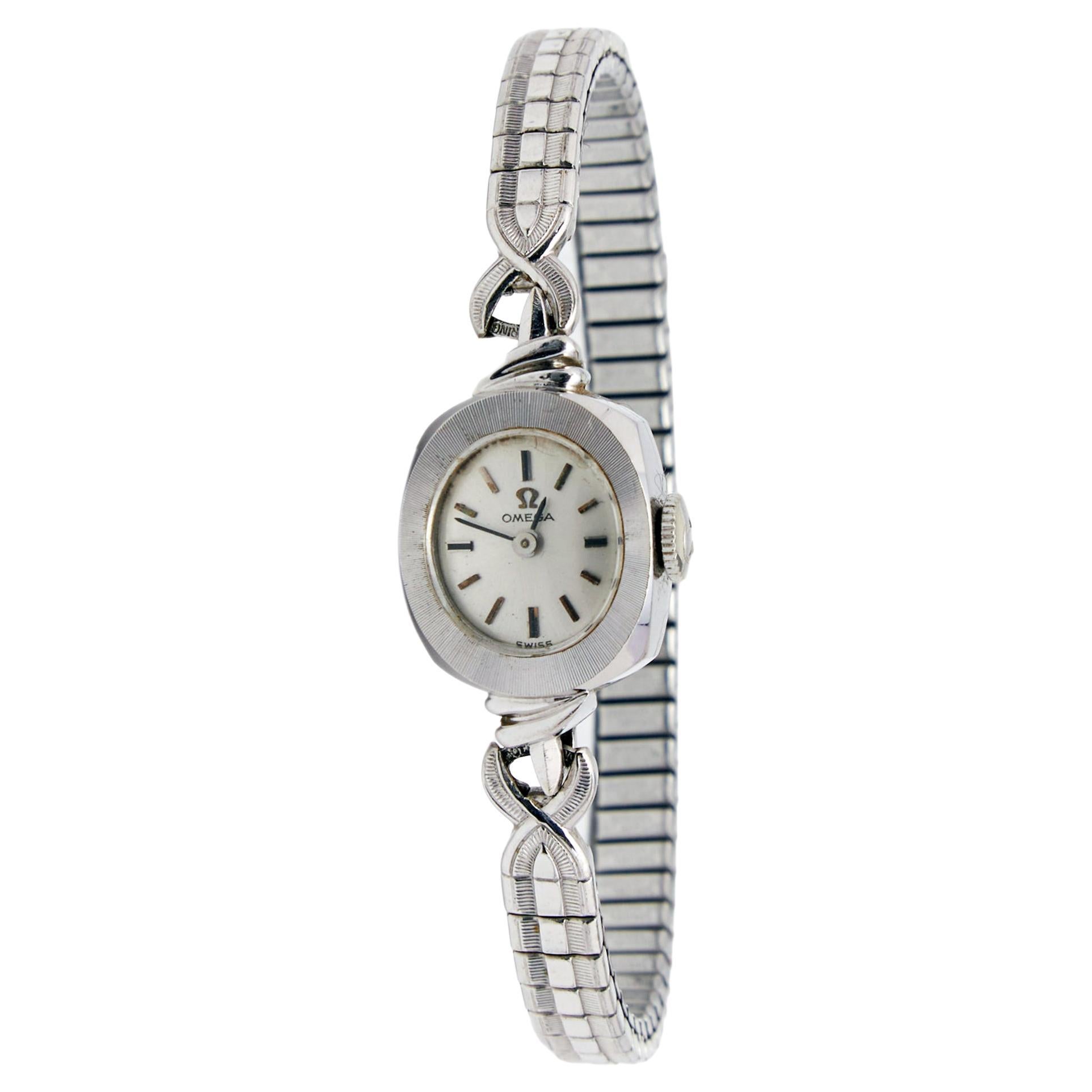 Omega Silver 14K White Gold Vintage Manual Winding Women's Wristwatch 14 mm