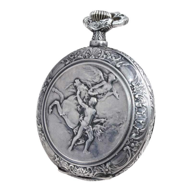 Omega Silver Pocket Watch Art Nouveau Repousse Mythological Scene from 1900 In Excellent Condition In Long Beach, CA
