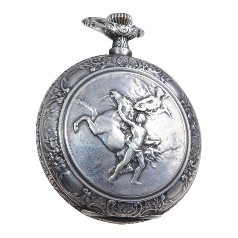 Women's or Men's Omega Silver Pocket Watch Art Nouveau Repousse Mythological Scene from 1900