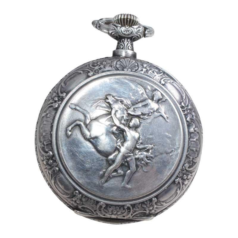 Omega Silver Pocket Watch Art Nouveau Repousse Mythological Scene from 1900 1