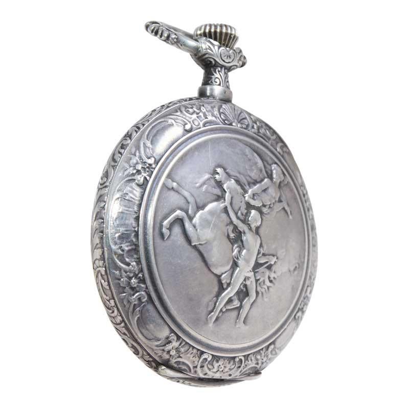 Omega Silver Pocket Watch Art Nouveau Repousse Mythological Scene from 1900 2