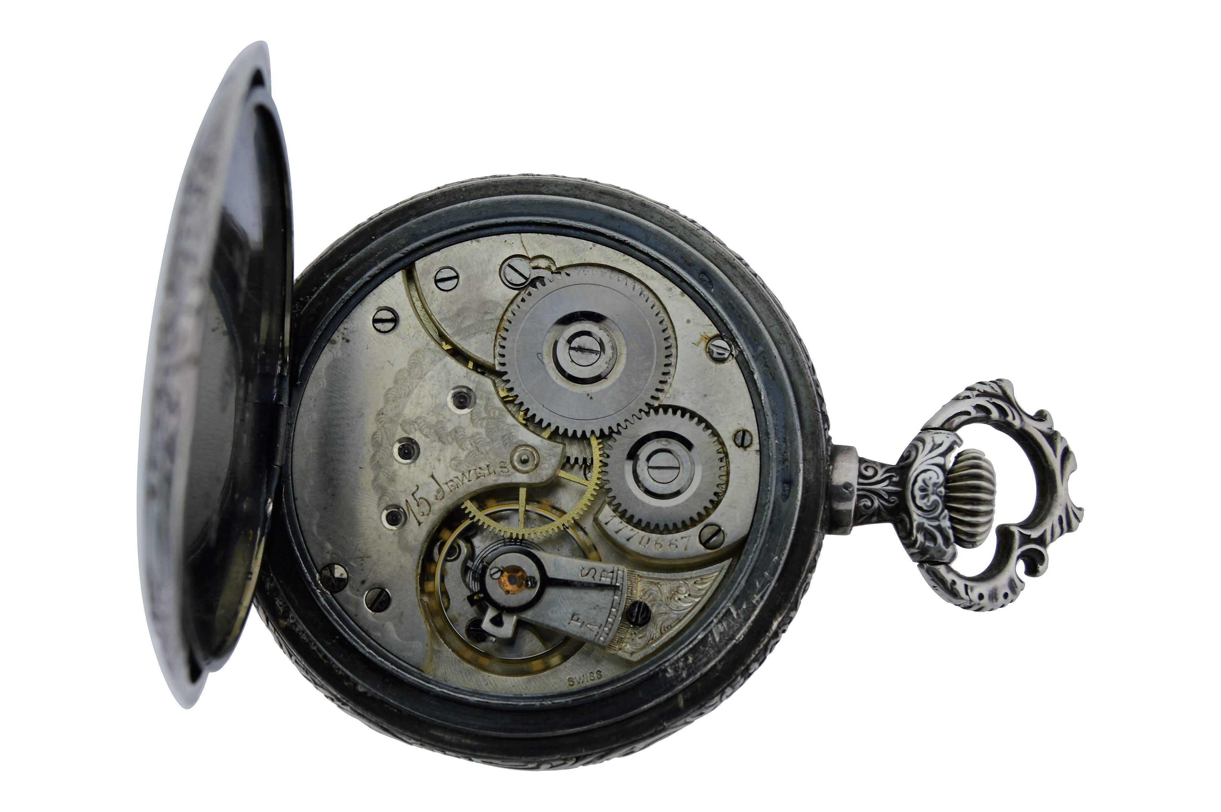 Omega Silver Pocket Watch circa 1894, First Year of Omega with Art Nouveau Motif In Excellent Condition In Long Beach, CA