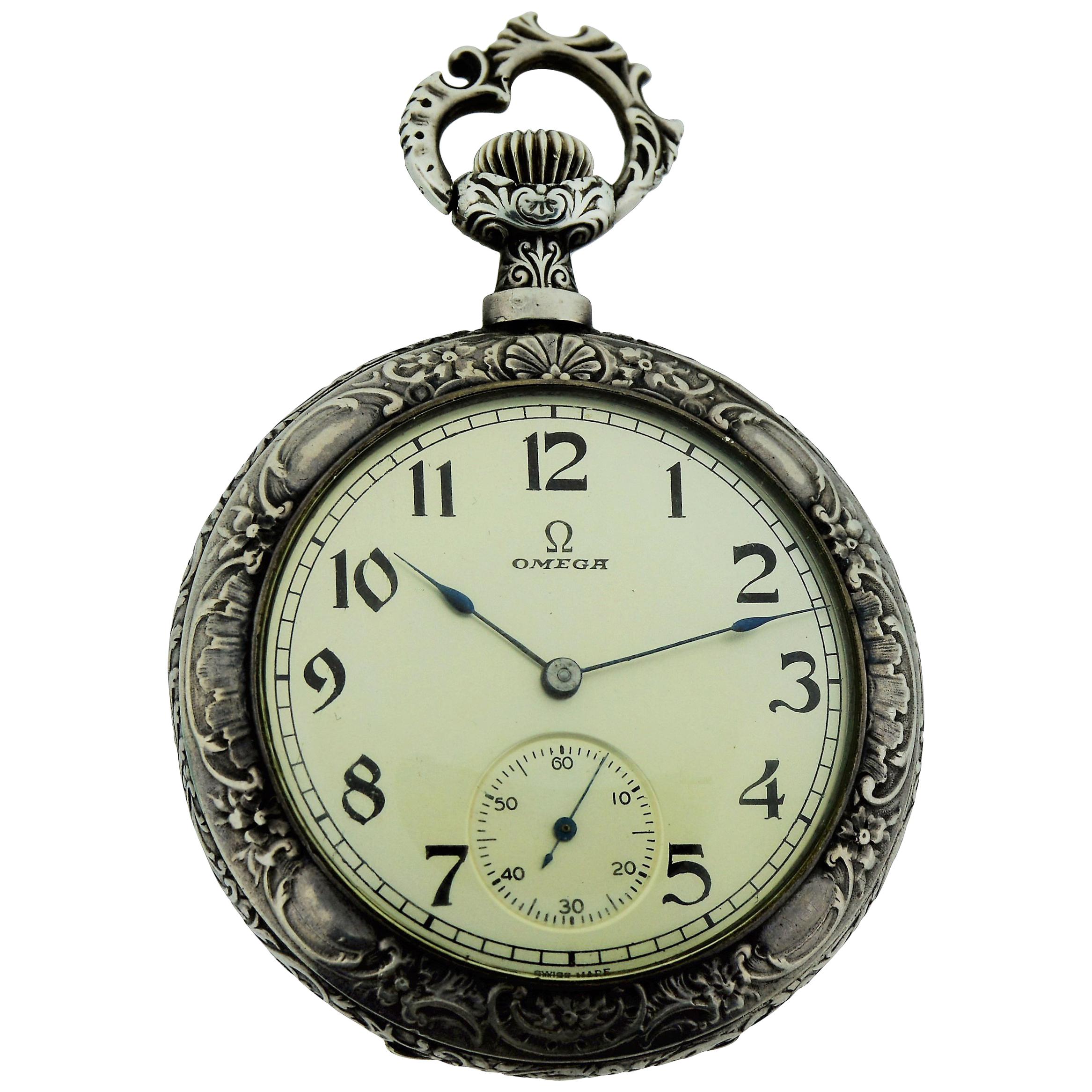 Omega Silver Pocket Watch circa 1894, First Year of Omega with Art Nouveau Motif