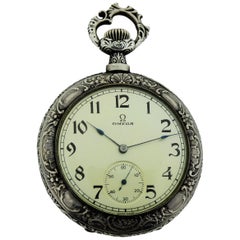 Antique Omega Silver Pocket Watch circa 1894, First Year of Omega with Art Nouveau Motif
