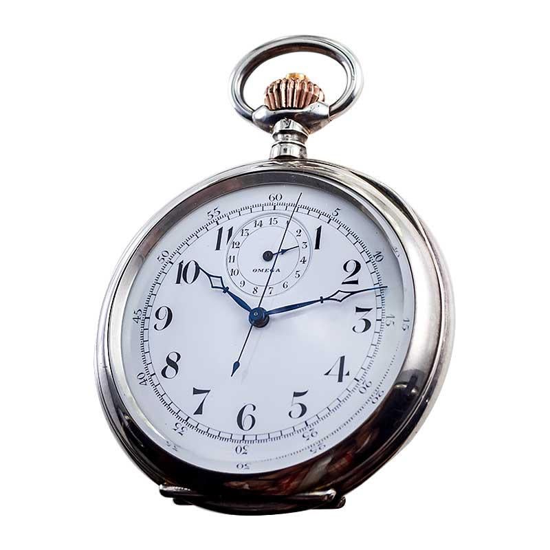 Omega Silver Single Button 15 Minute Register Pocket Watch, circa 1910 In Excellent Condition For Sale In Long Beach, CA