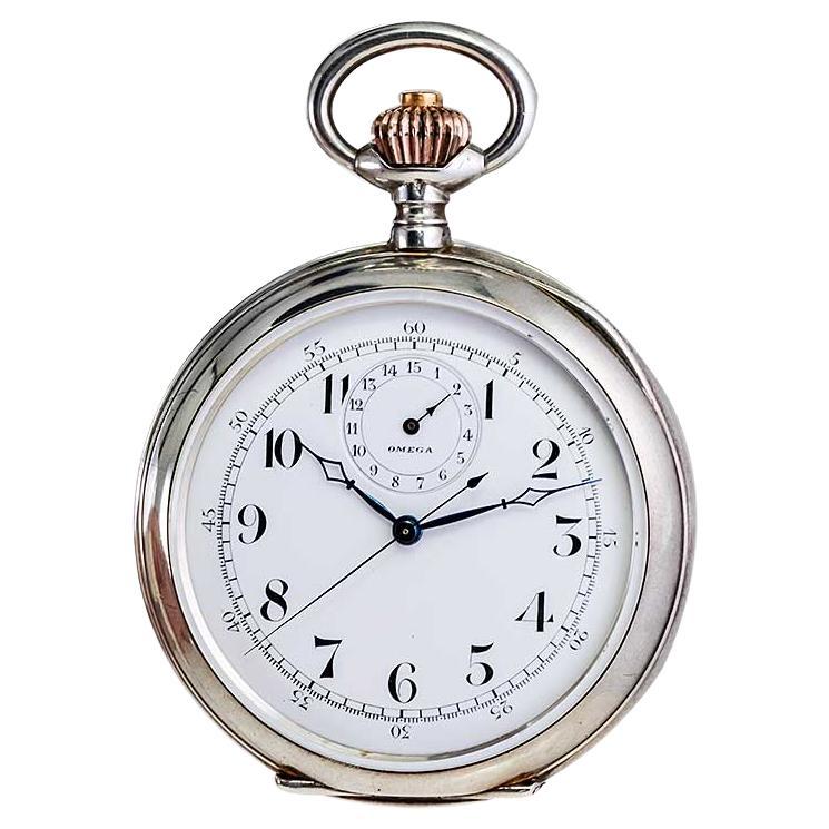 Omega Silver Single Button 15 Minute Register Pocket Watch, circa 1910 For Sale